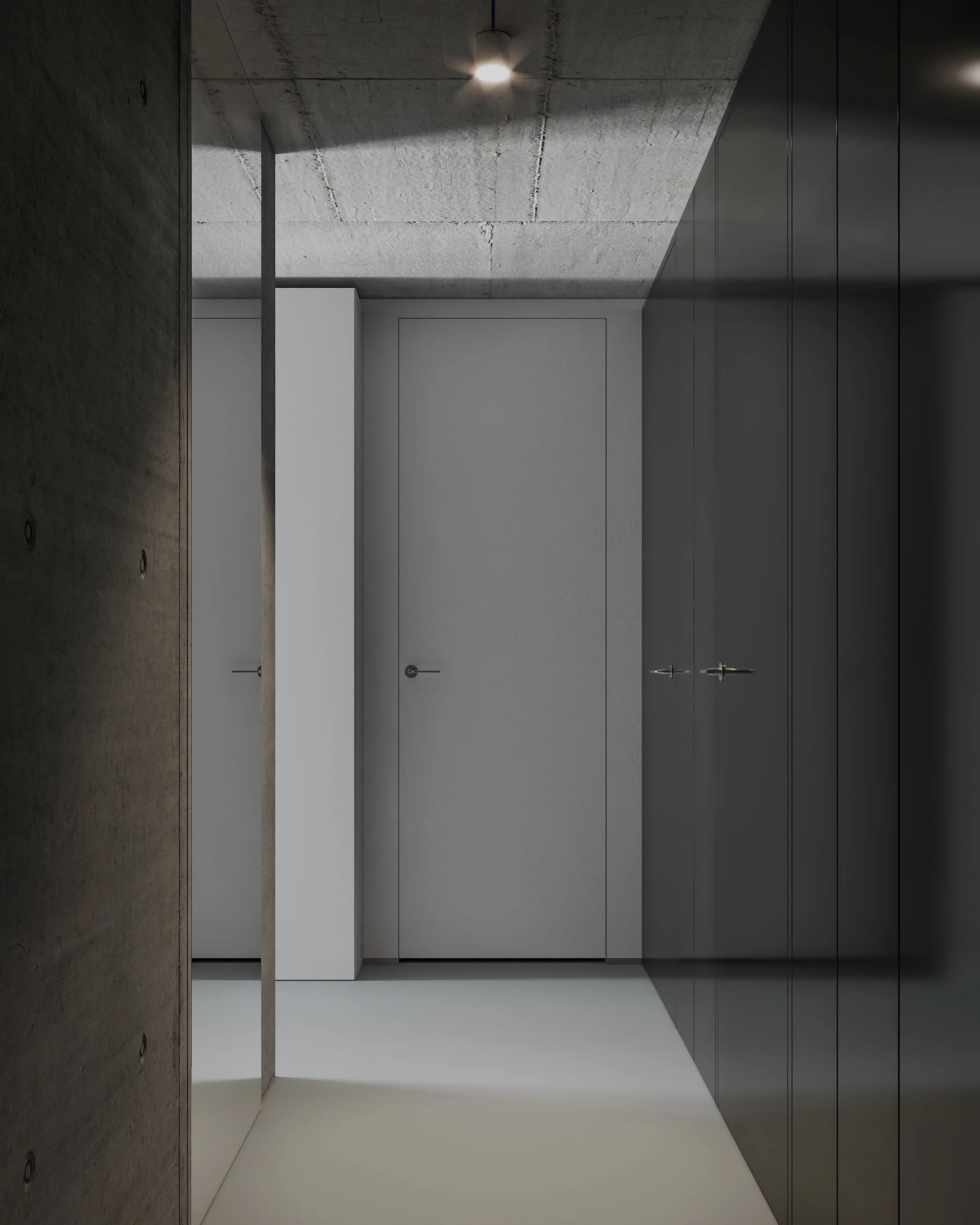 Projekt wnętrza w stylu minimalistycznym - mikrocement, stal, biel. EMTE studio, Bydgoszcz