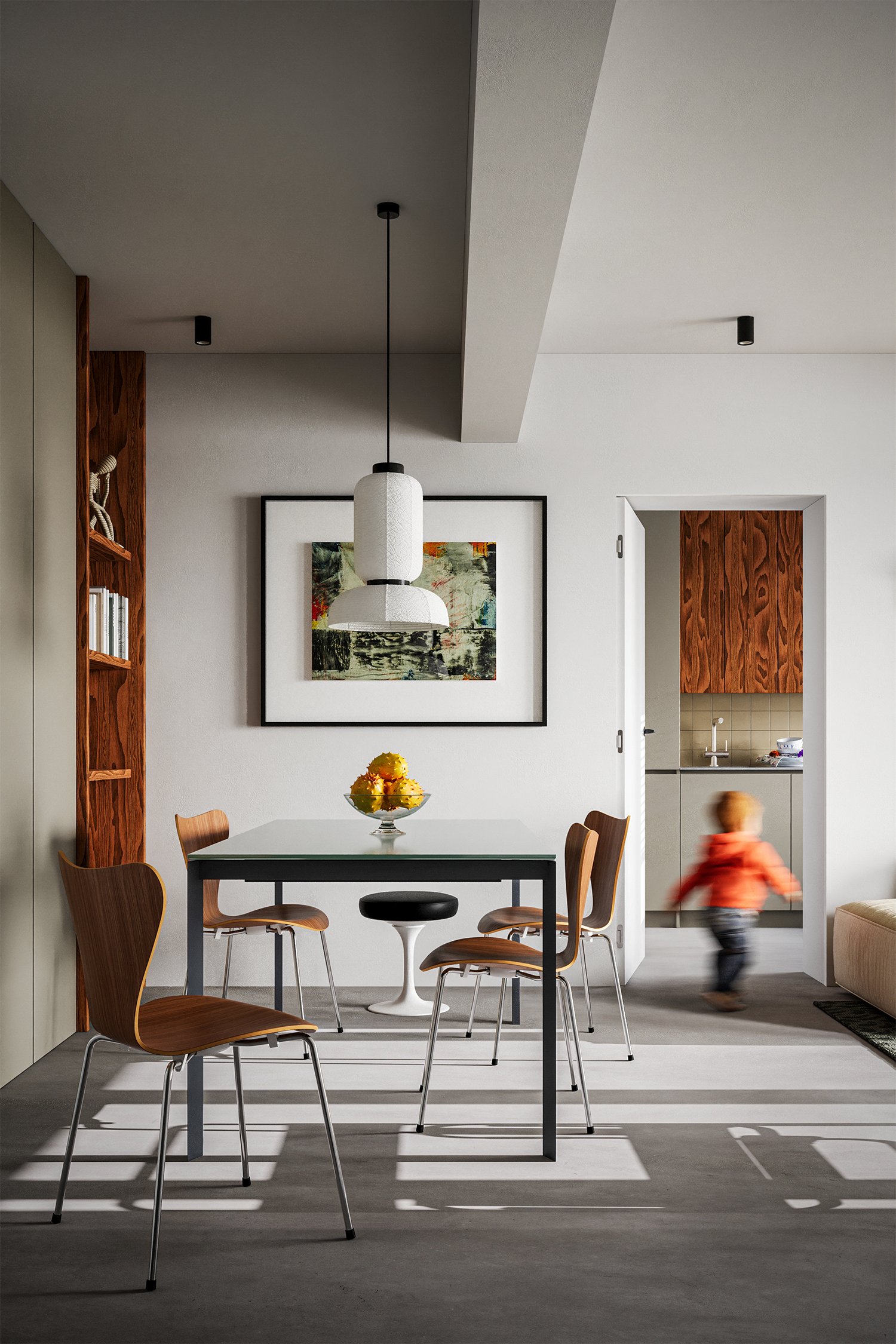 Projekt wnętrza w stylu minimalistycznym - biel, drewno. EMTE studio Bydgoszcz