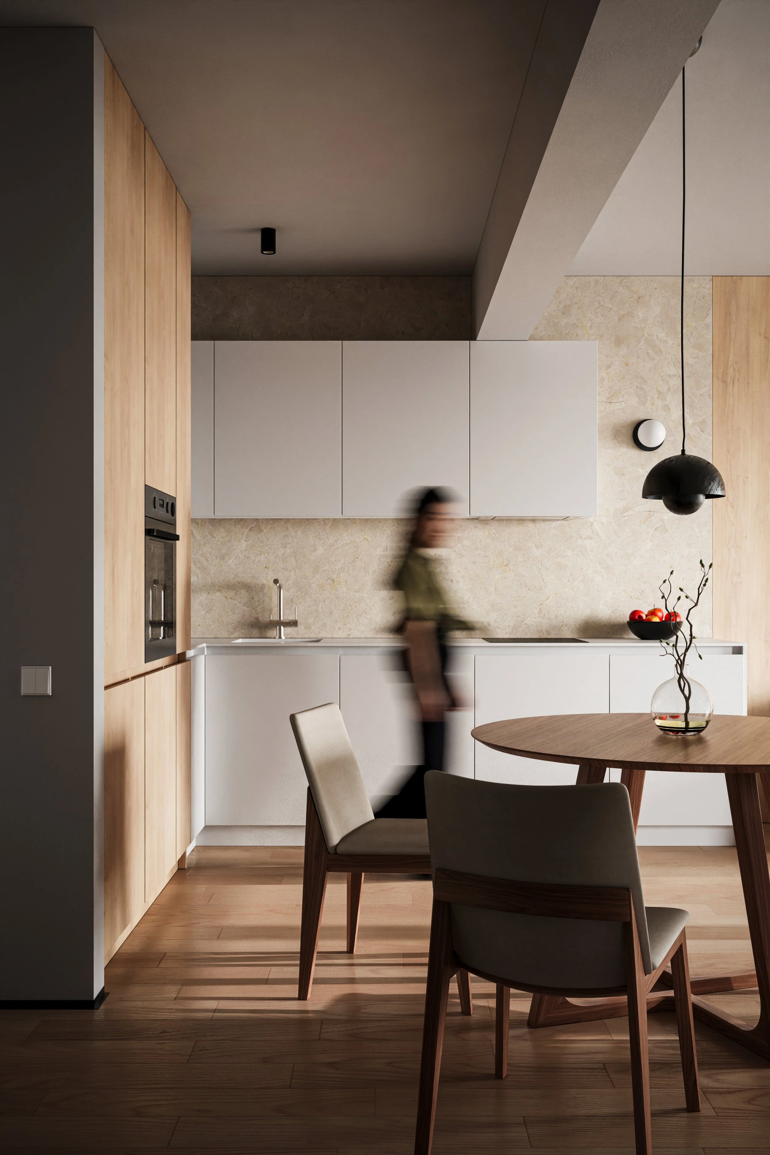 Projekt wnętrza w stylu minimalistycznym - biel, drewno. EMTE studio Bydgoszcz