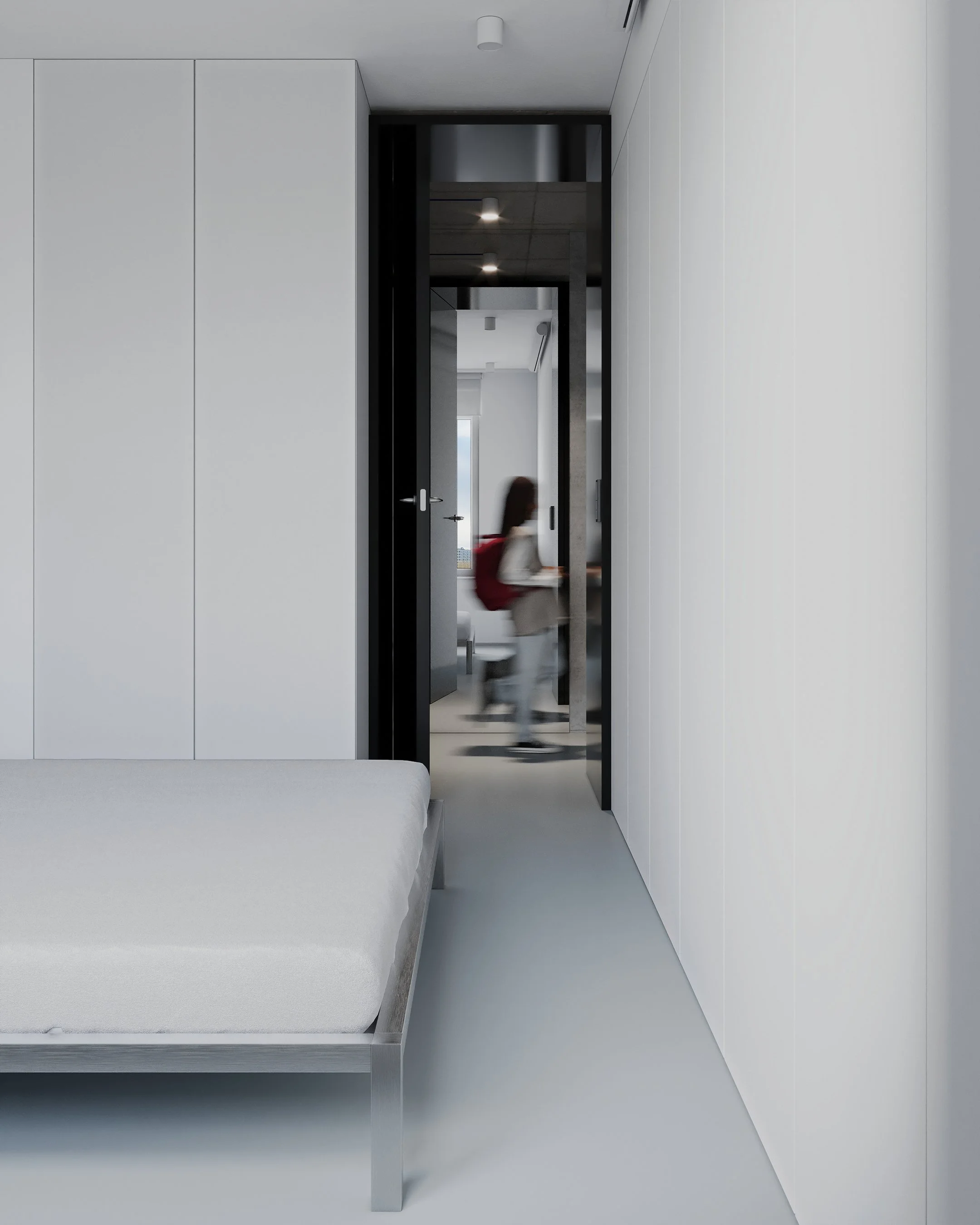 Projekt wnętrza w stylu minimalistycznym - mikrocement, stal, biel. EMTE studio, Bydgoszcz