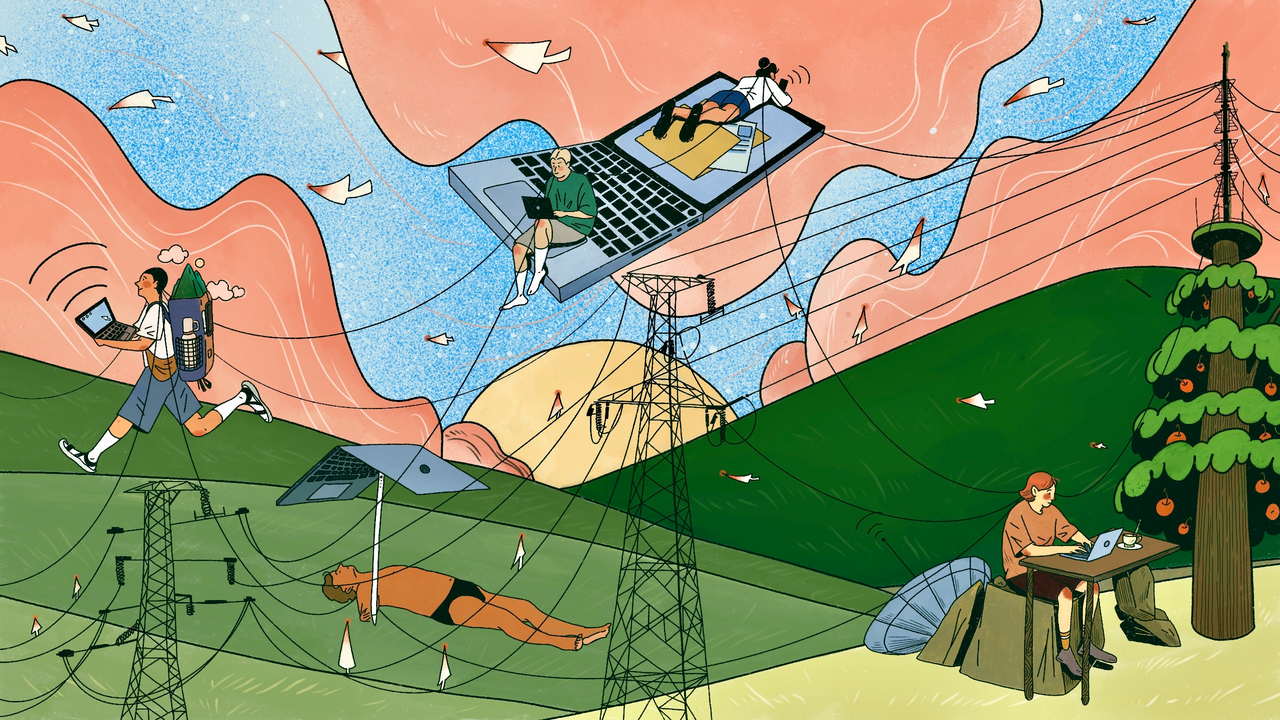 Through signals from communication towers, people exchange ideas via digital transmission across different locations, accomplishing their work and building a digital community.