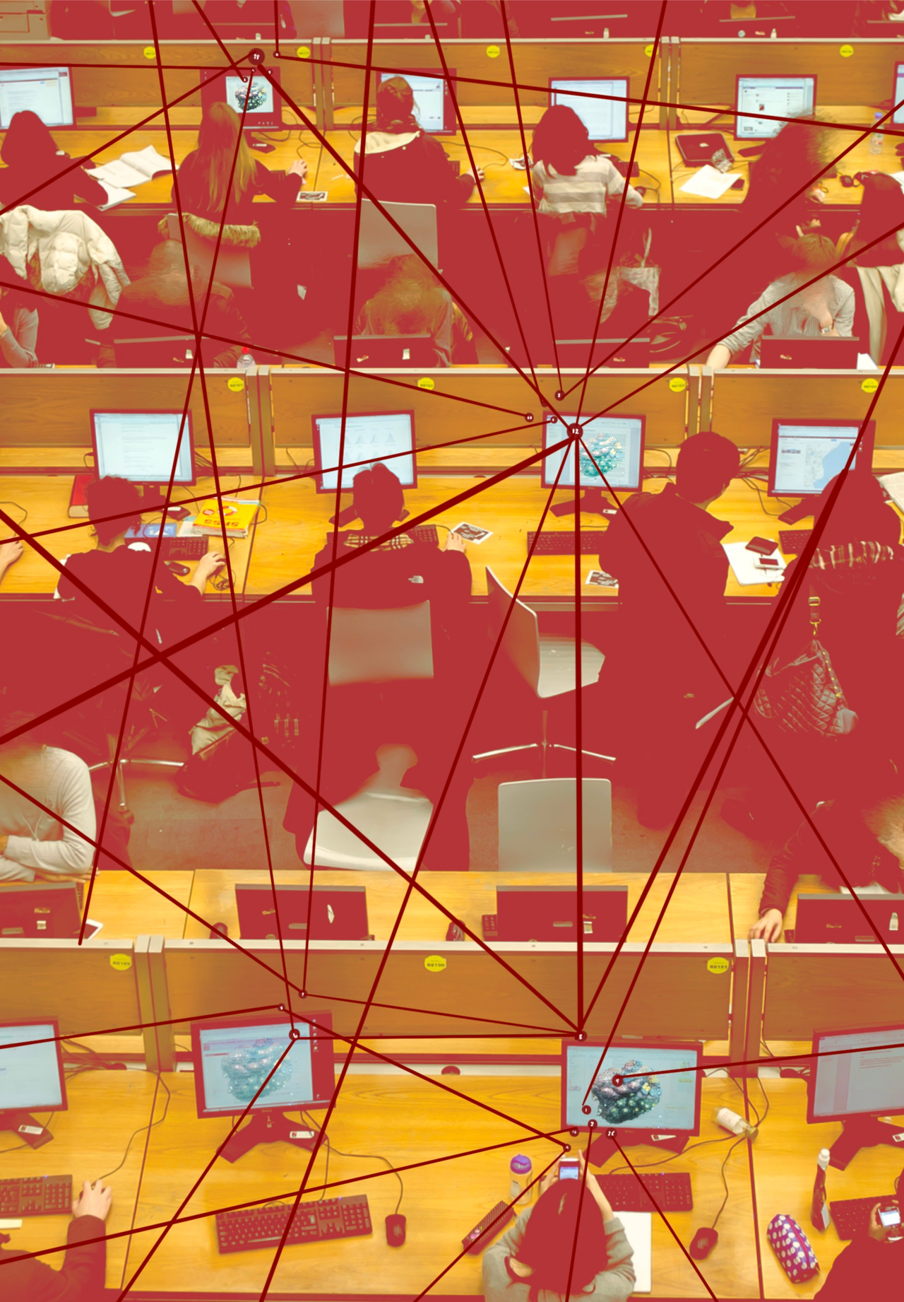 A computer lab with three rows of four desks, each occupied by students working at computers. Overlaying the computer lab are red lines connecting through nodes, symbolizing the flow of communication, data exchange, and interconnected networks.