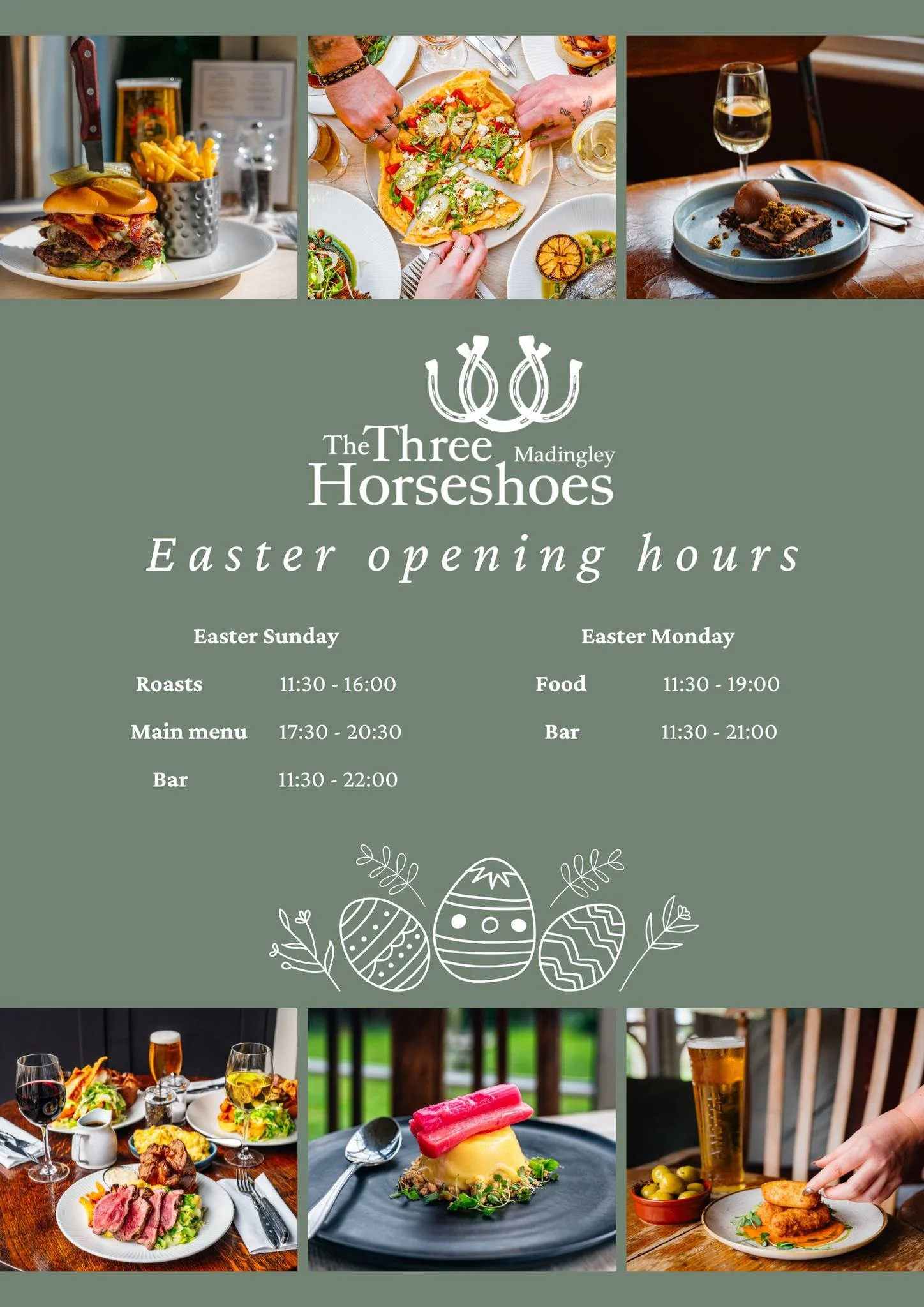 Join us this Easter 🐣

🍽️ We'll be serving our roasts from 11.30am through until 4pm on Easter Sunday and then our main menu from 5.30-8.30pm.

On Easter Monday we'll be serving food from 11.30am until 7pm.

Get booked in for Easter at threehorsesh