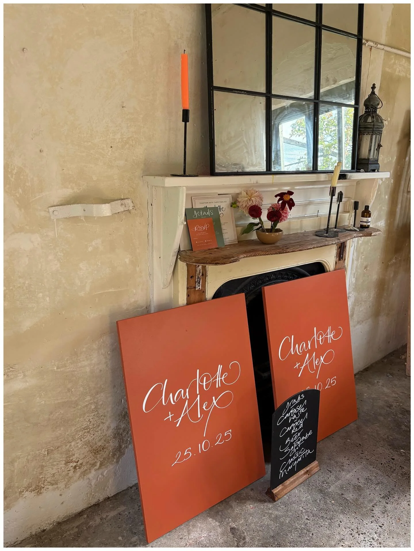 Wedding Signage for Charlotte + Alex for their East London wedding in October - two large A1 boards painted in a gorgeous rusty orange to match one of the elements within their invitation stationery. I recreated the font style from their invite onto 