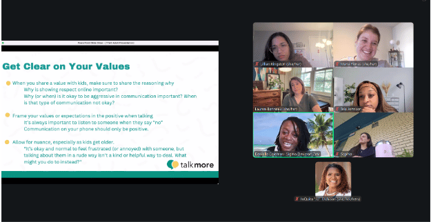 Screenshot of a virtual meeting with five participants and a presentation slide titled "Get Clear on Your Values" discussing communication and empathy.