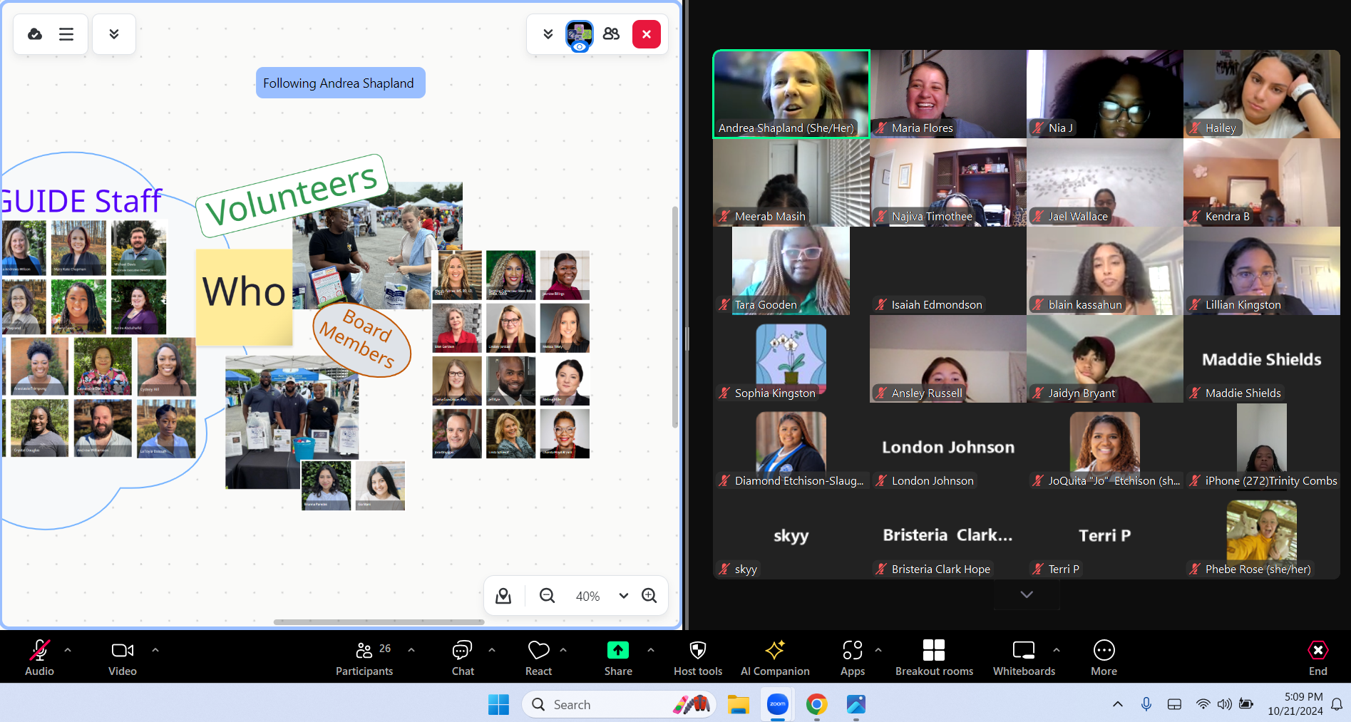 A virtual meeting with a shared screen displaying a collage of photos and text related to volunteers and guide staff, and multiple participants in a grid view, some with muted microphones and webcams on, in a Zoom video conferencing platform.
