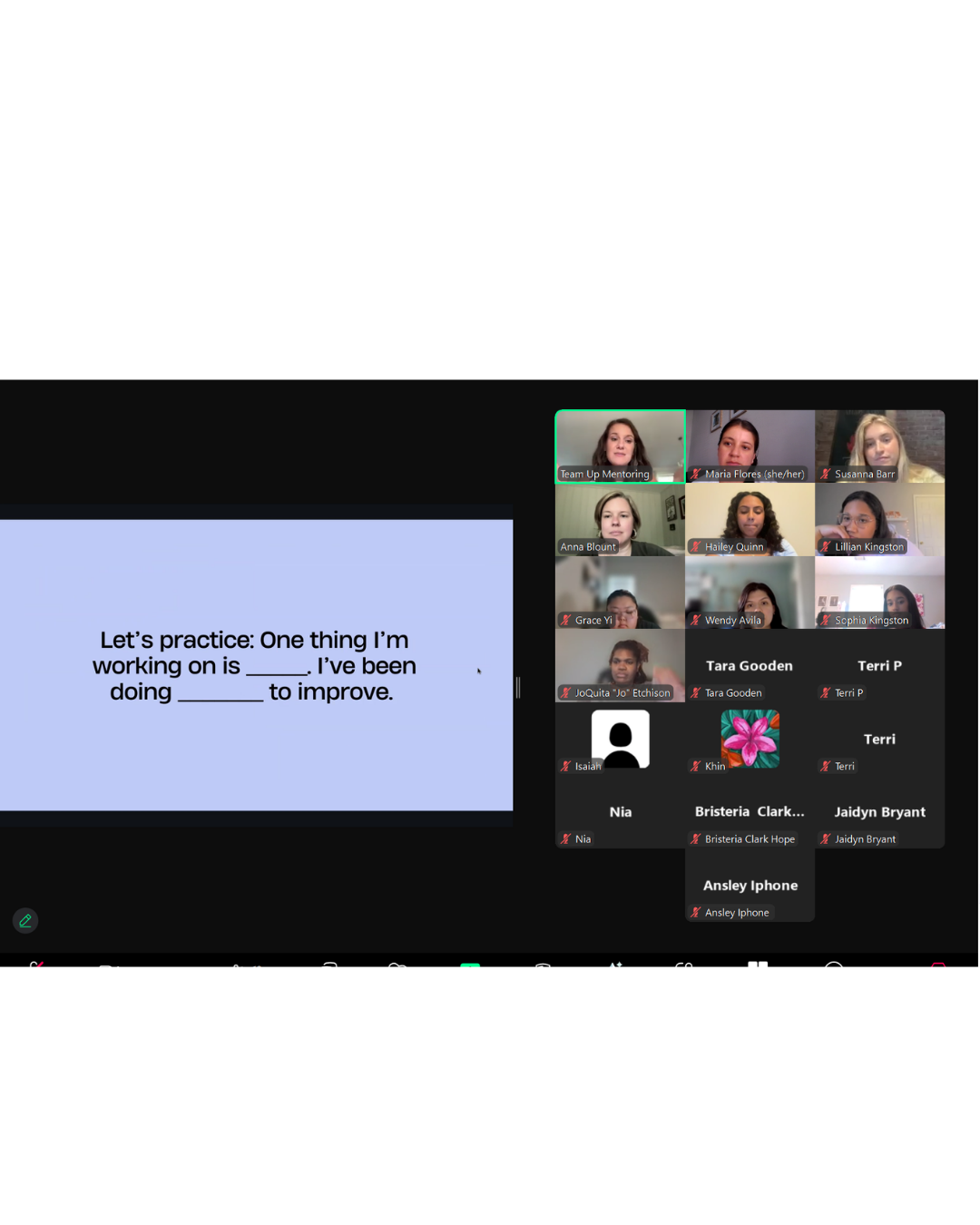 A Zoom meeting with multiple participants and a shared presentation slide. The slide has a practice sentence: "Let's practice: One thing I’m working on is ______. I’ve been doing ______ to improve."