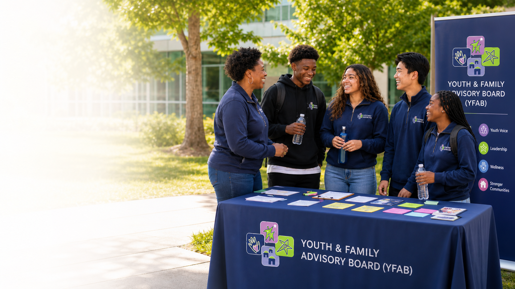 Five young adults, four women and one man, standing outdoors at a table with flyers and writing materials, engaging in conversation near a Youth & Family Advisory Board display, with trees and a modern glass building in the background.