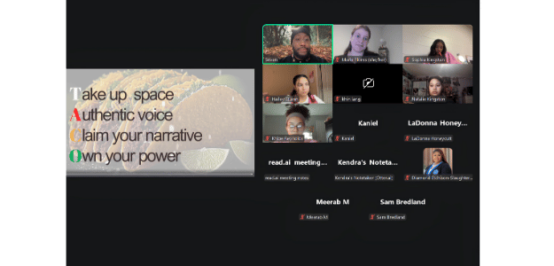 Screenshot of a Zoom meeting with multiple participants and a presentation slide about empowering oneself, featuring the acronym 'A.C.O.W' for 'Take up space, Authentic voice, Claim your narrative, Own your power'.