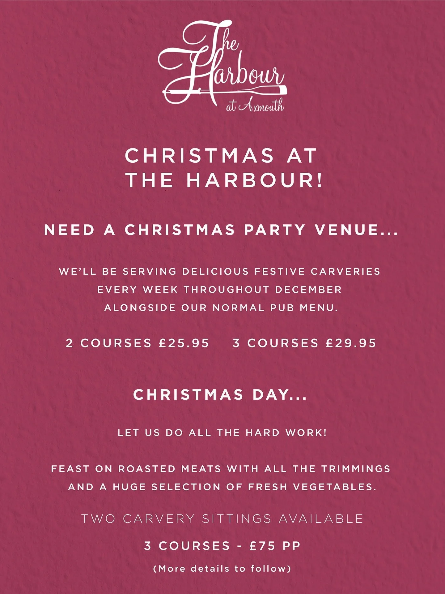 🎄Christmas at the Harbour🎄

We&rsquo;ve got your festive season covered, from party carveries throughout December to a full Christmas Day feast. If you have something different in mind or special requirements, please get in touch, we&rsquo;ll alway