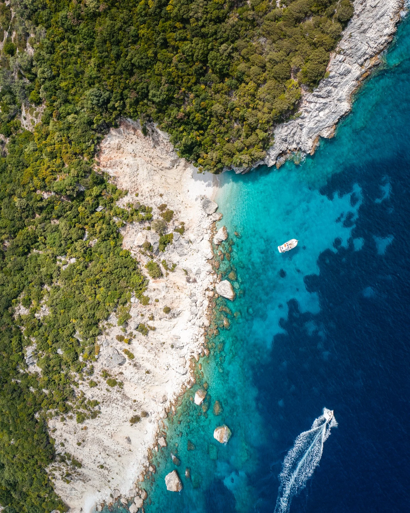 Aerial view of a rocky coastline with dense green forest and clear turquoise water, with a boat near the shore.