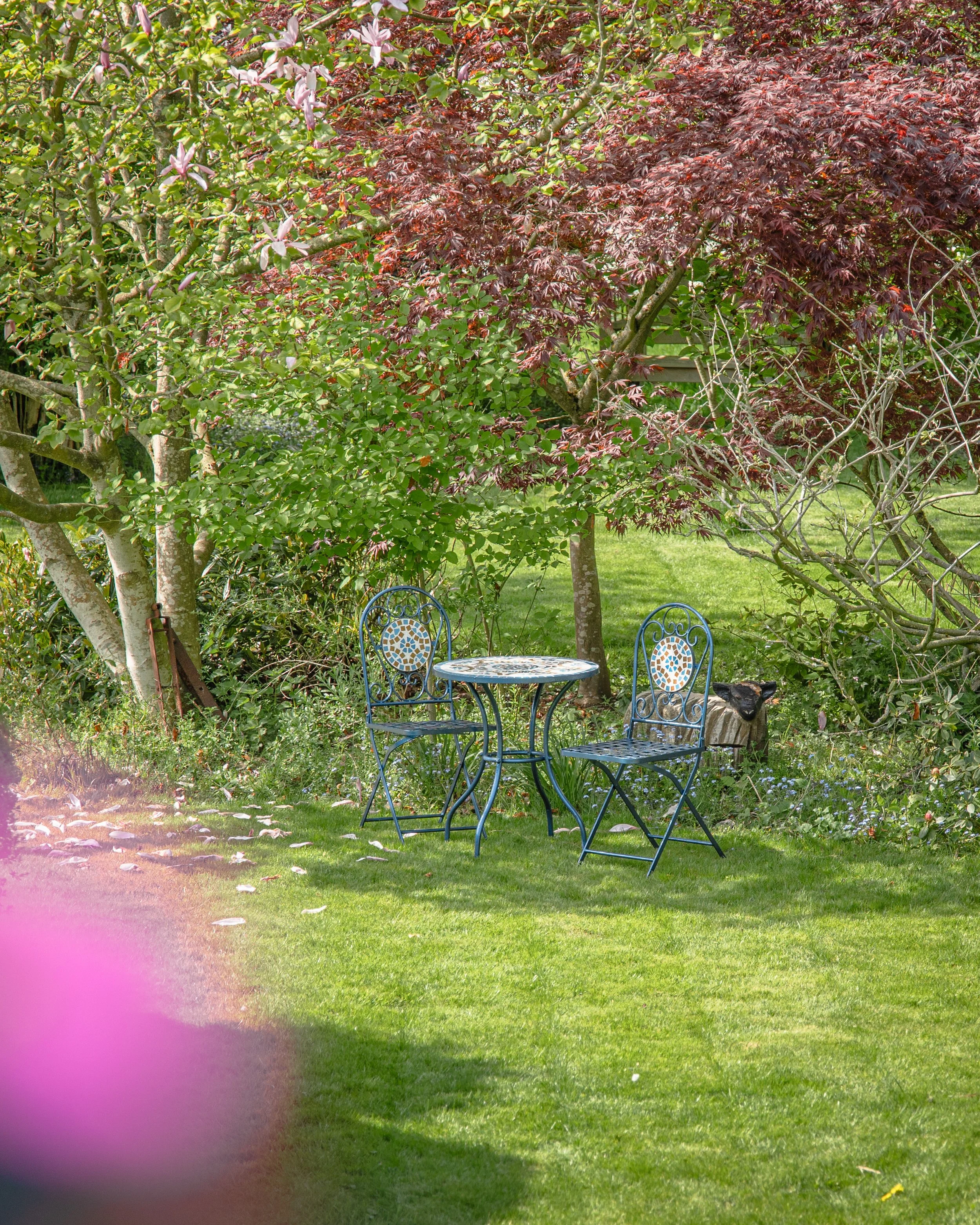 A garden scene with lush green grass, several trees with red and pink leaves, a small round ceramic table, and four blue metal chairs.