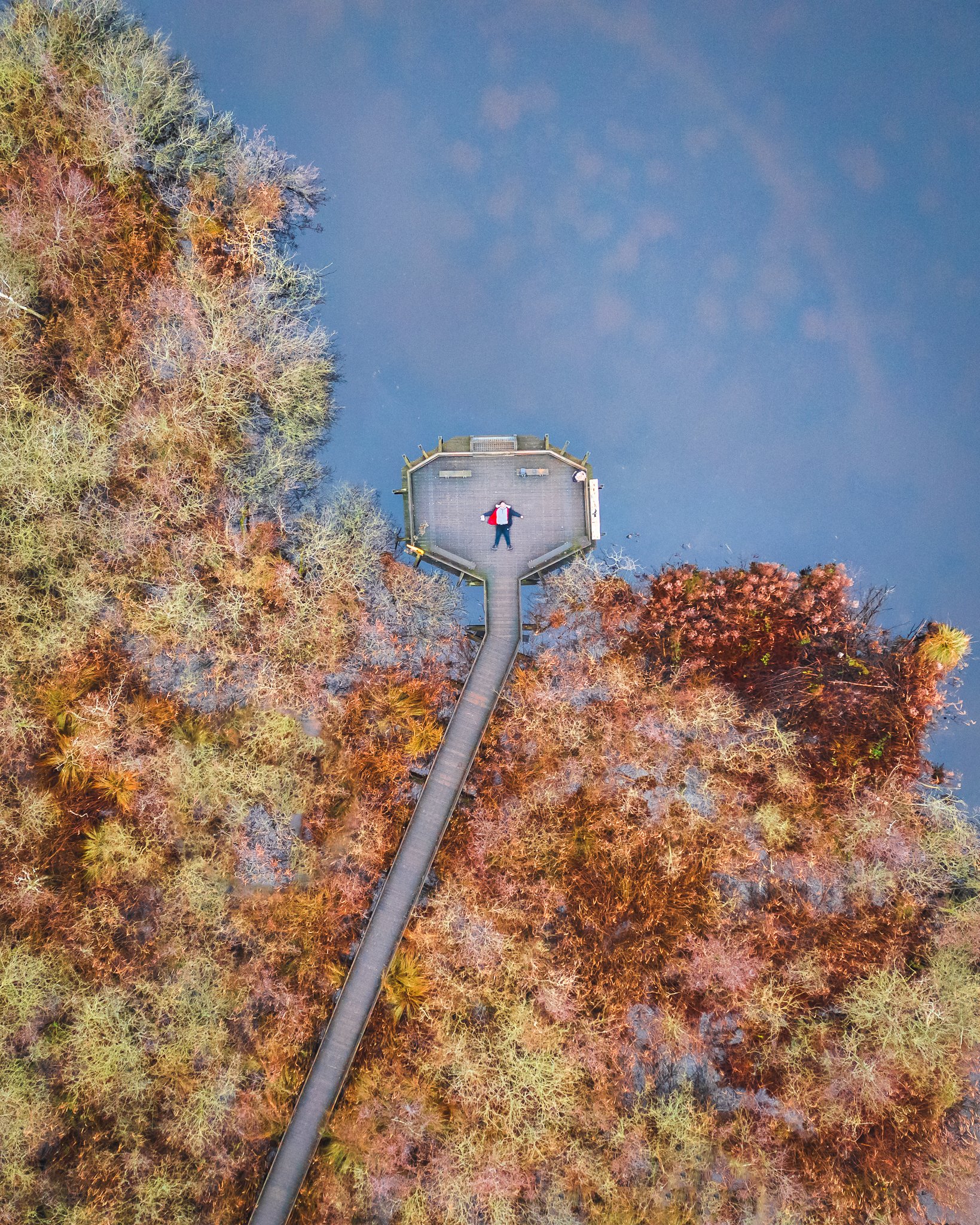 An aerial view of a person lying on a small dock extending over a body of water, surrounded by trees with autumn foliage in various shades of orange, yellow, and brown.
