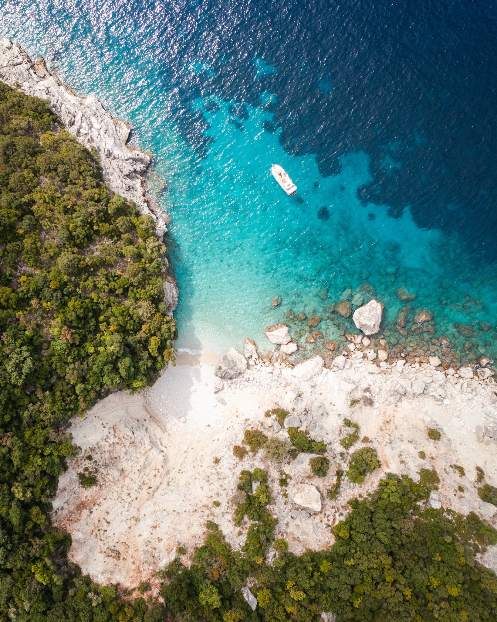 An aerial view of a boat near rocky shoreline with clear blue water and dense green trees.