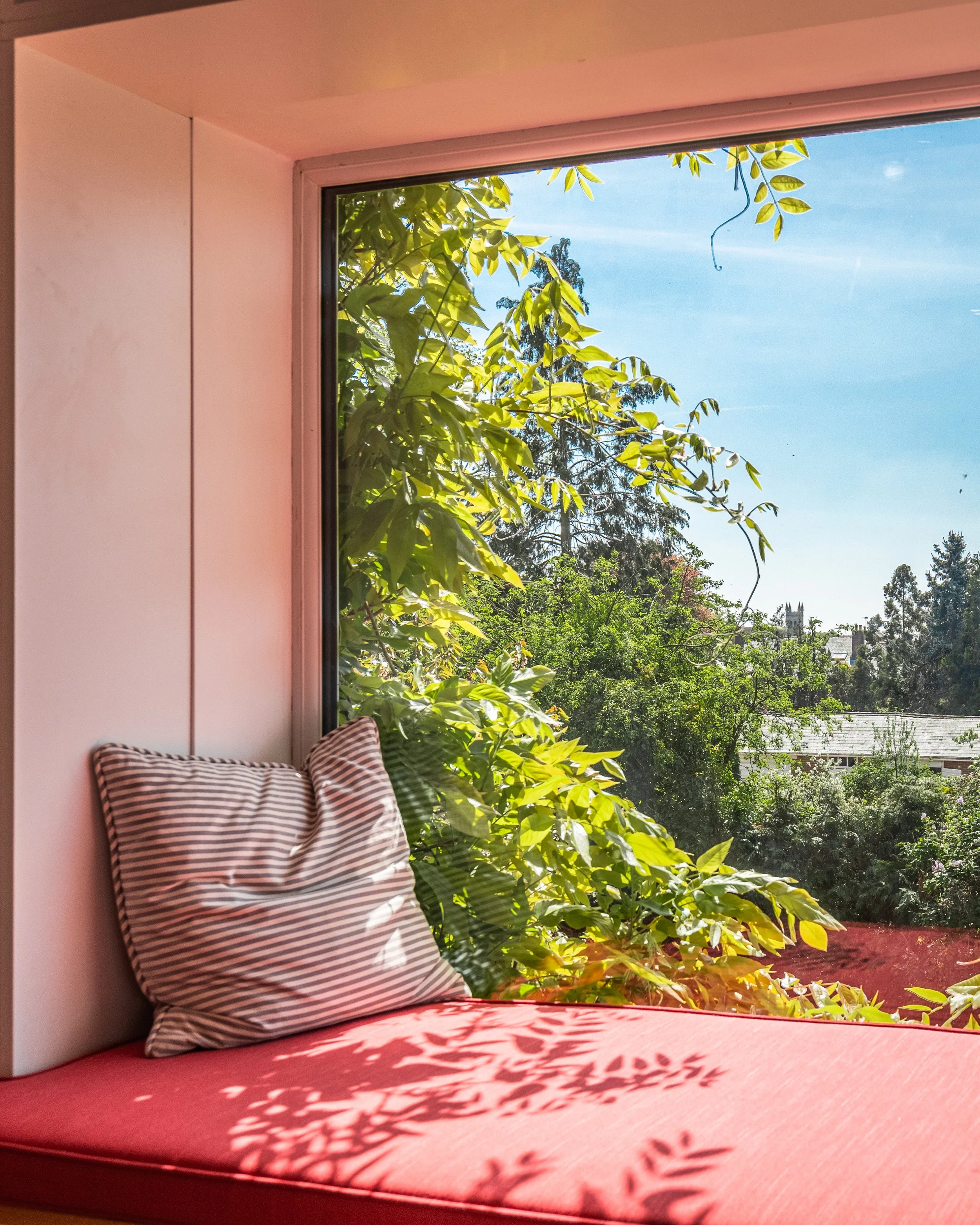 A bed with a red blanket and a striped pillow, near a large window with green leaves outside. The sunlight casts leaf-shaped shadows on the bed.
