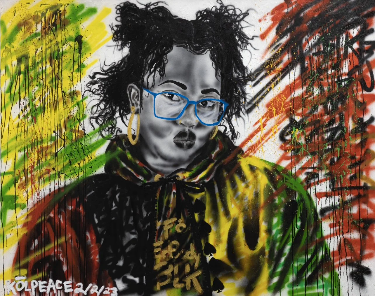 “Fo Erbody Blk” , 2023
Acrylic, oil,  spray paint on stretched canvas 
Size : ( 48 x 60 x 2.54 cm ) , overall 
Studio Work 