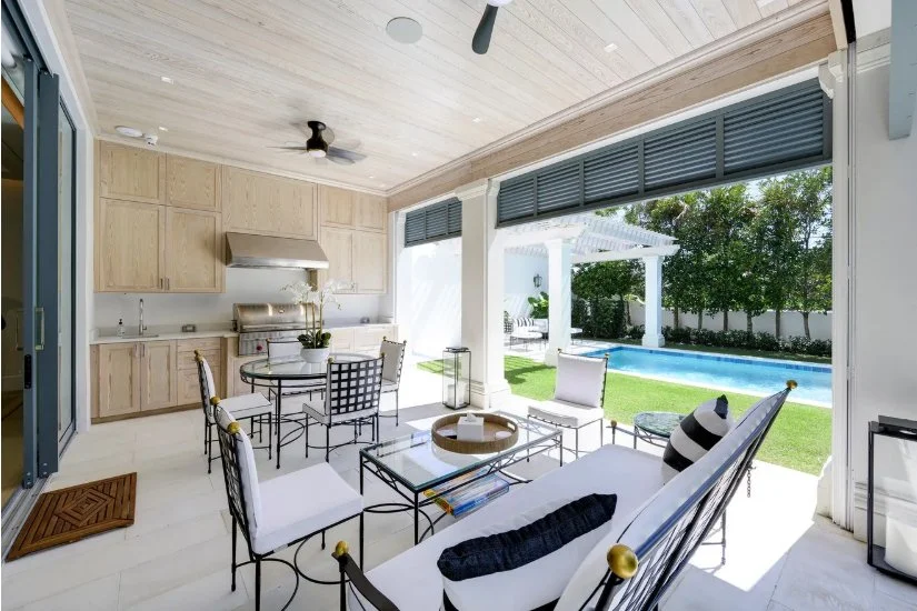 outdoor covered loggia pool trellis blue shutter