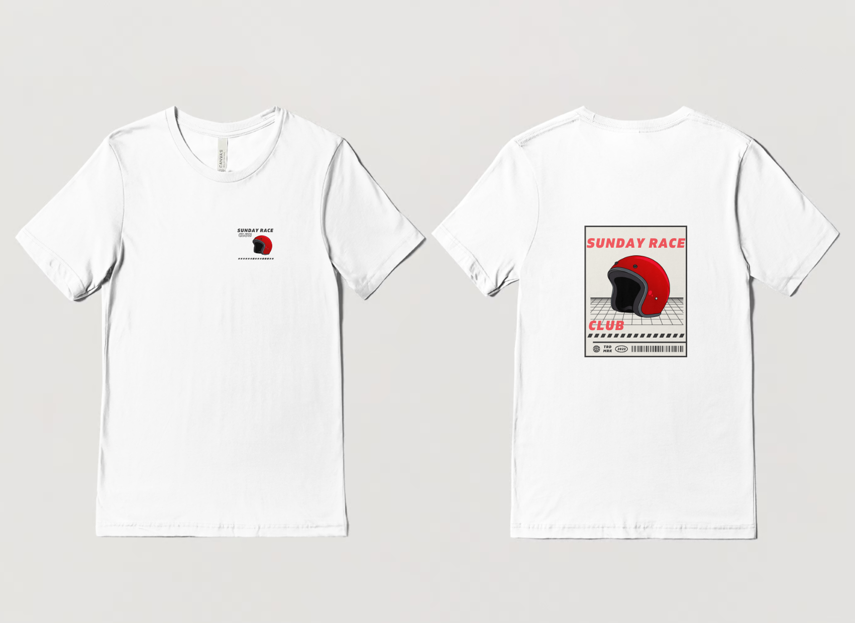 White T-shirt with graphic design featuring a red helmet, text 'Sunday Race', and barcode elements on the back.