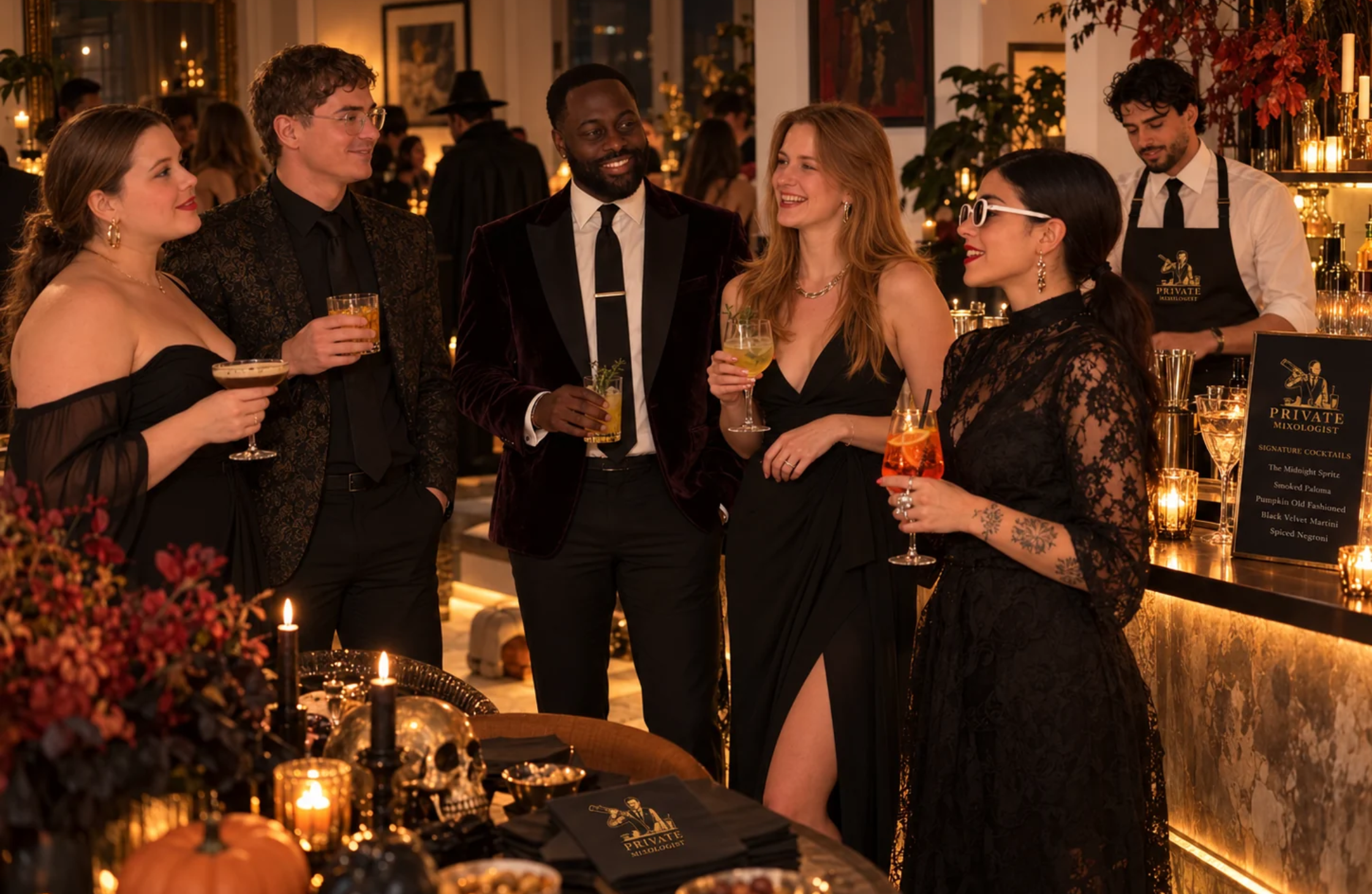 Guests enjoying a sophisticated Halloween house party with professional cocktail bar hire and relaxed hospitality in London.