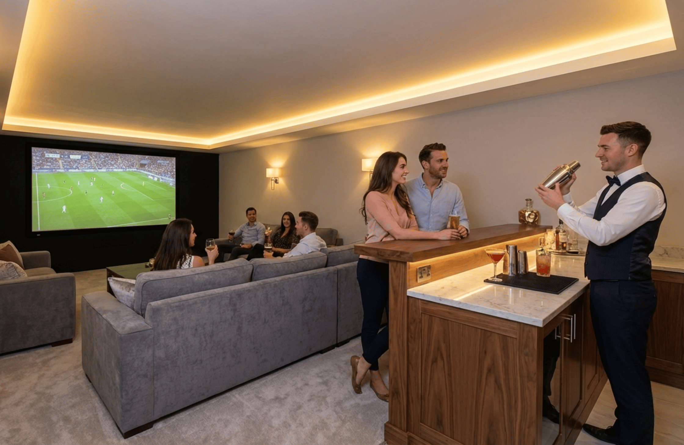 Private bartender preparing cocktails during a live sports screening party at home.