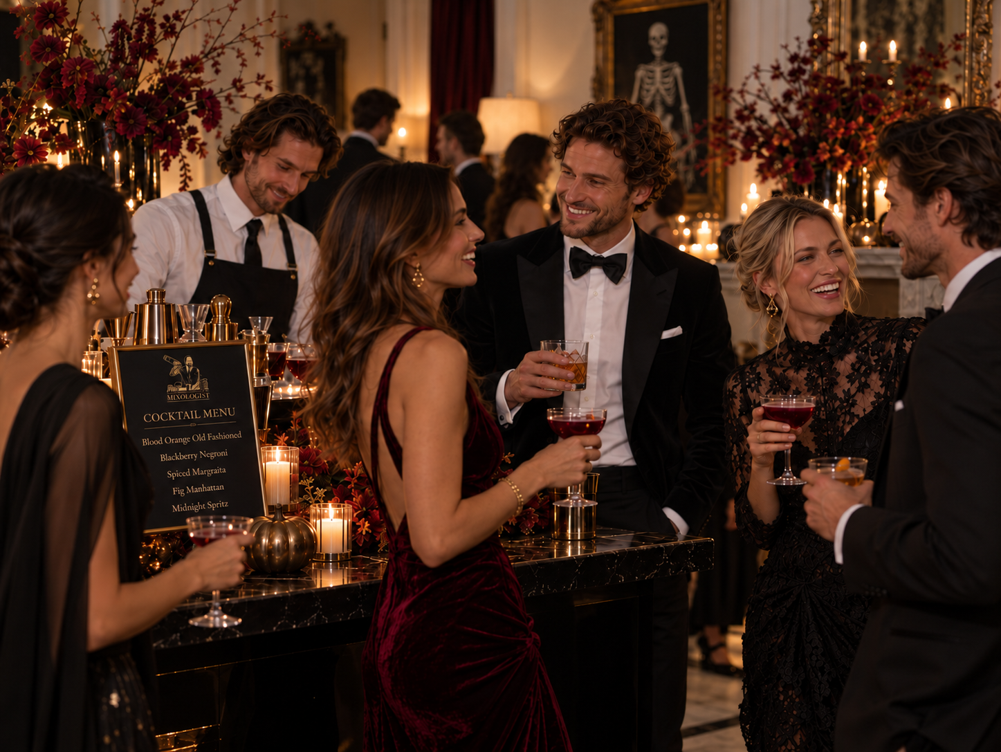 Guests enjoying a sophisticated Halloween house party with private cocktail bar and professional hospitality in London.