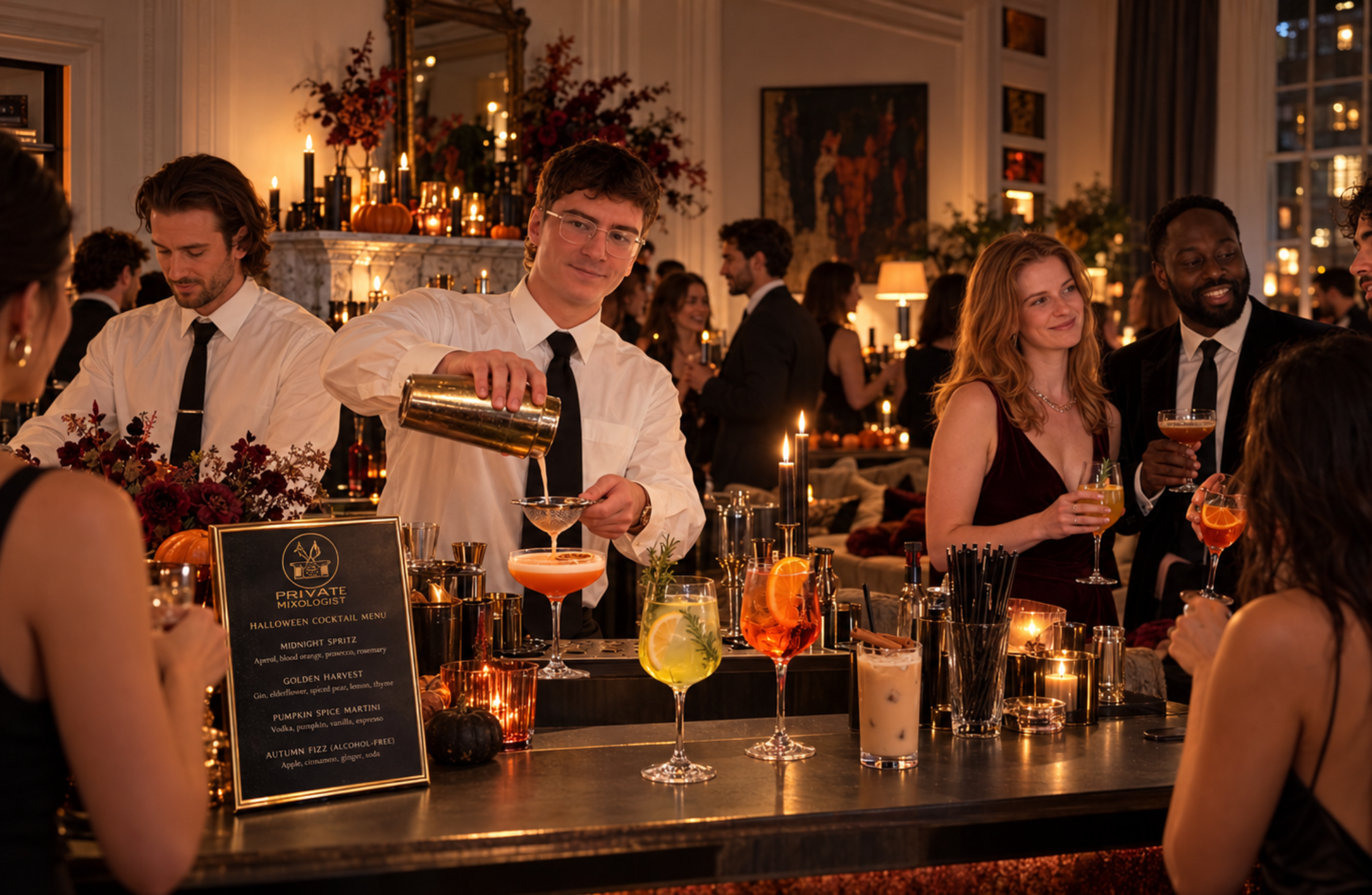 Halloween party ideas for adults featuring elegant home decorations, warm lighting and a luxury cocktail bar.
