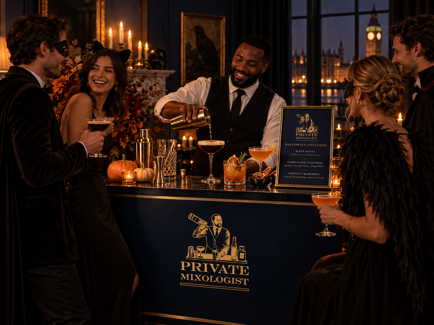 Guests enjoying Halloween party cocktail bar hire at a relaxed and stylish private celebration.