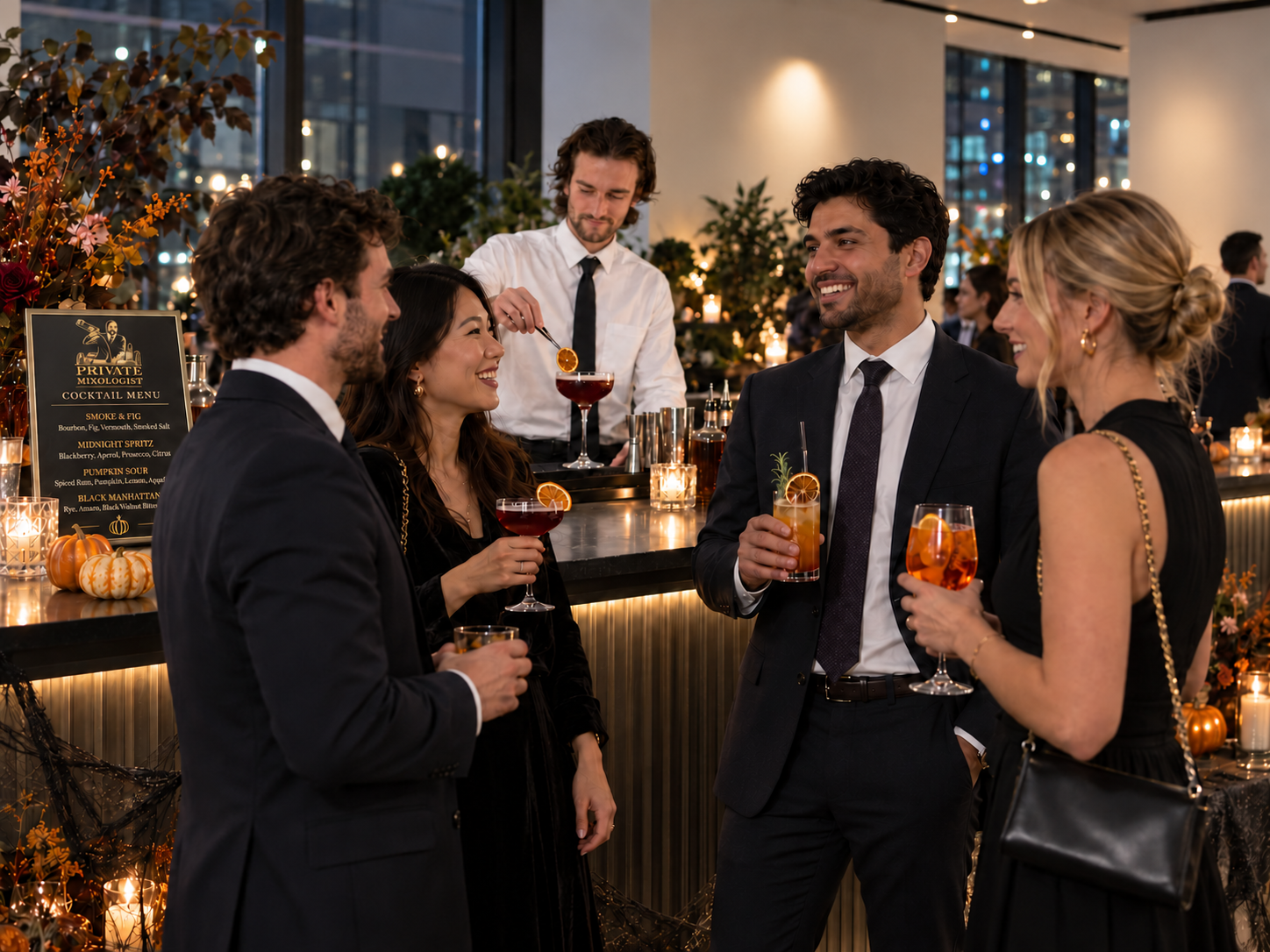 Colleagues networking naturally around a cocktail bar at a corporate Halloween party.