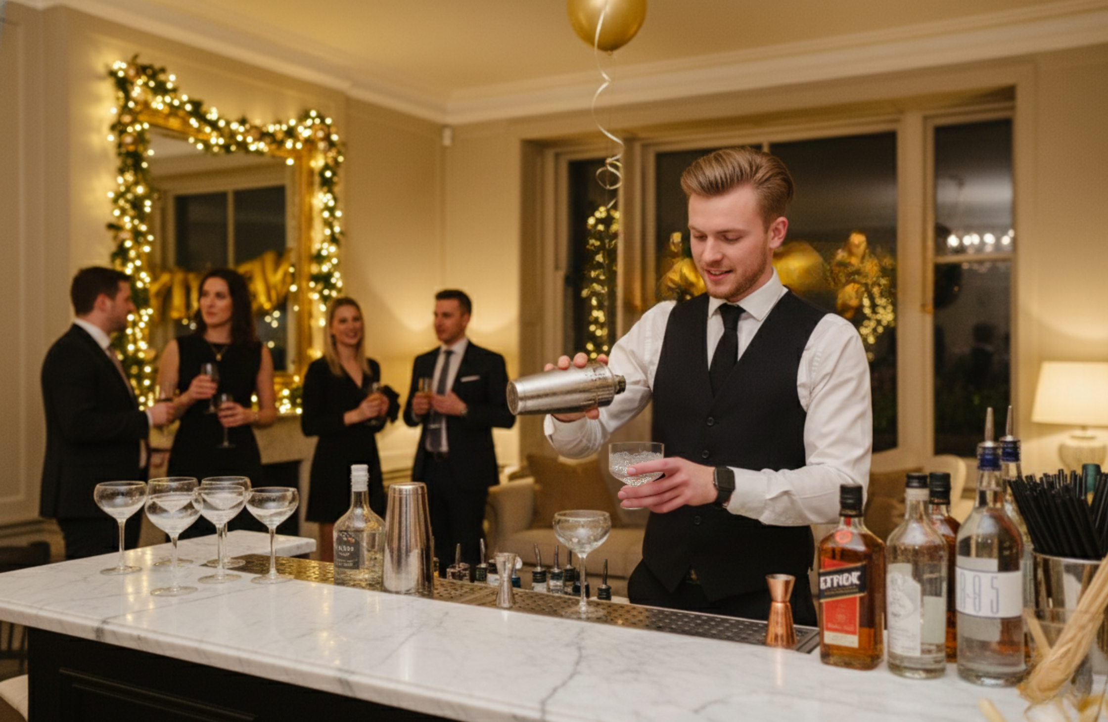 Luxury New Year’s Eve house party in London with a private bartender preparing cocktails.