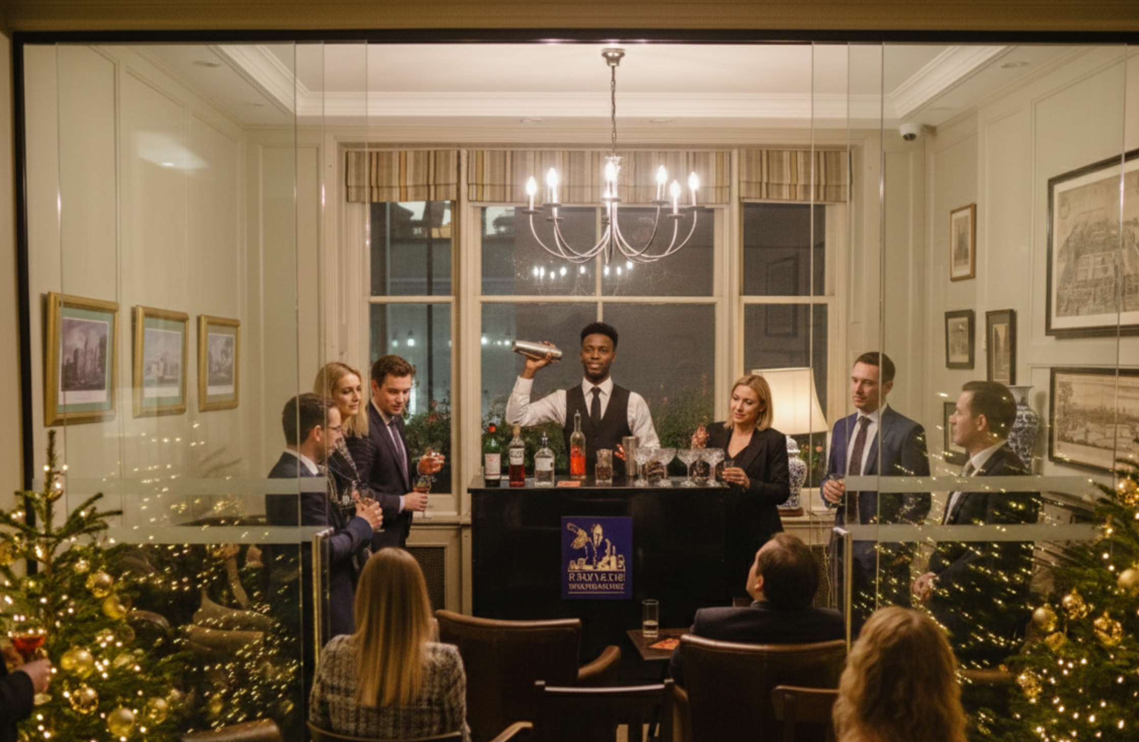 Corporate Christmas office party in London with luxury cocktail bar and mixologist serving staff