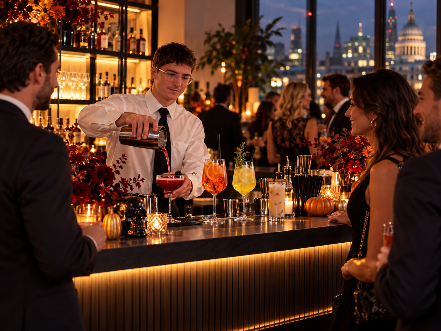 Corporate bar hire providing bespoke Halloween cocktails and alcohol-free options for a London business event.