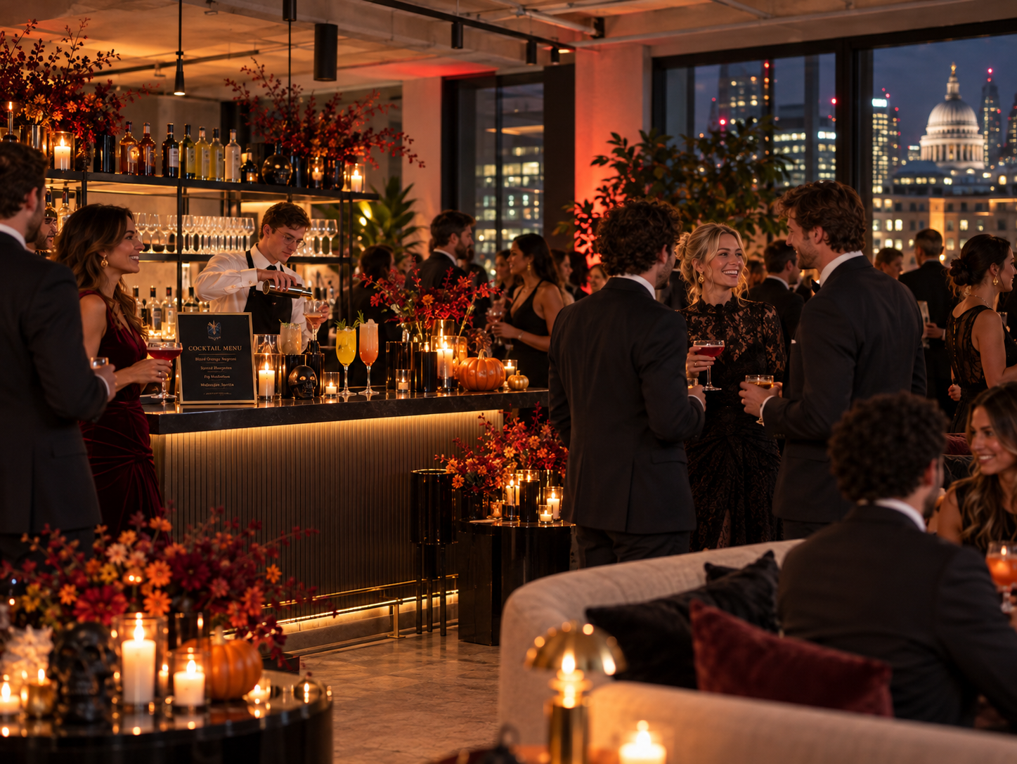 Corporate Halloween event ideas featuring sophisticated office decorations and a professional cocktail bar in London.