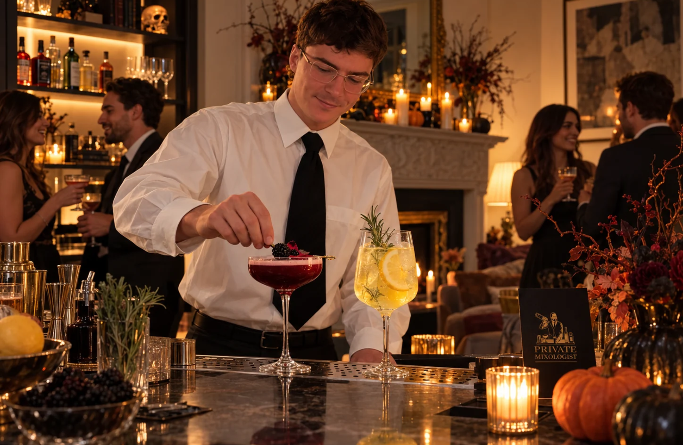 Halloween party cocktail bar hire offering bespoke seasonal cocktails and alcohol-free drinks at a London house party.
