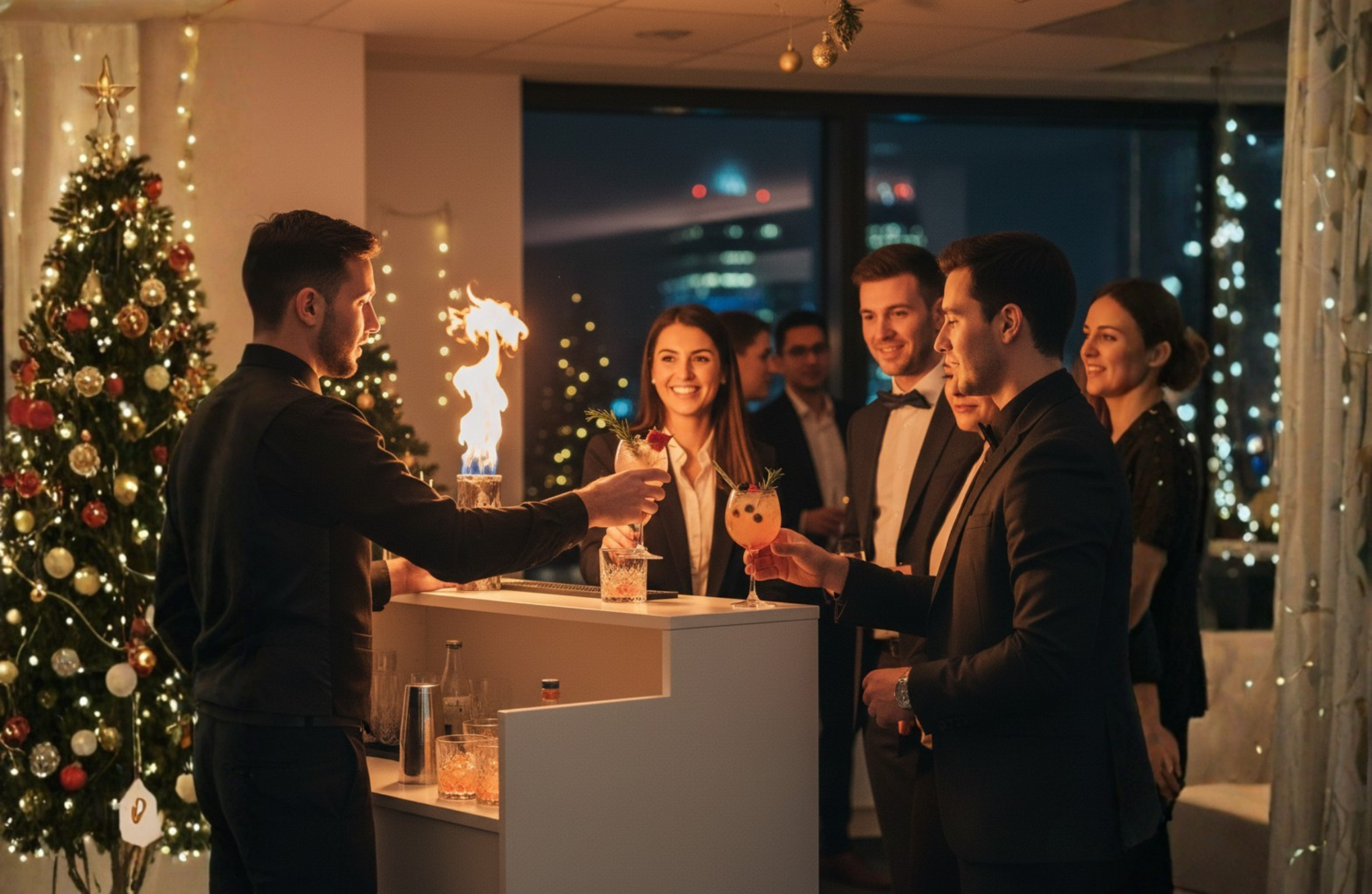 Corporate mixologist preparing both alcoholic and non-alcoholic cocktails at office Christmas party