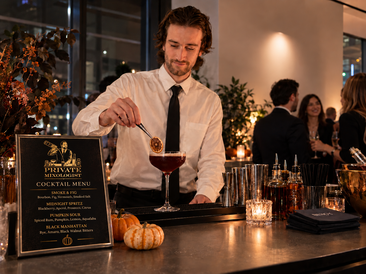 Corporate mixologist preparing a refined seasonal cocktail for a professional Halloween event.