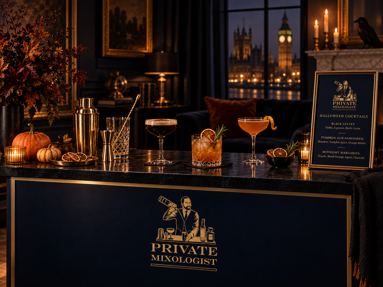 Private Halloween party with professional cocktail bar and bartender creating a stylish, stress-free celebration.