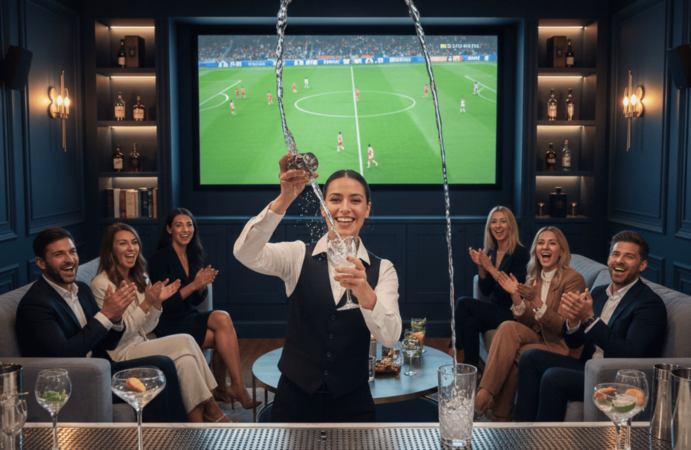 Private bartender performing show-style cocktail technique during game night house party.