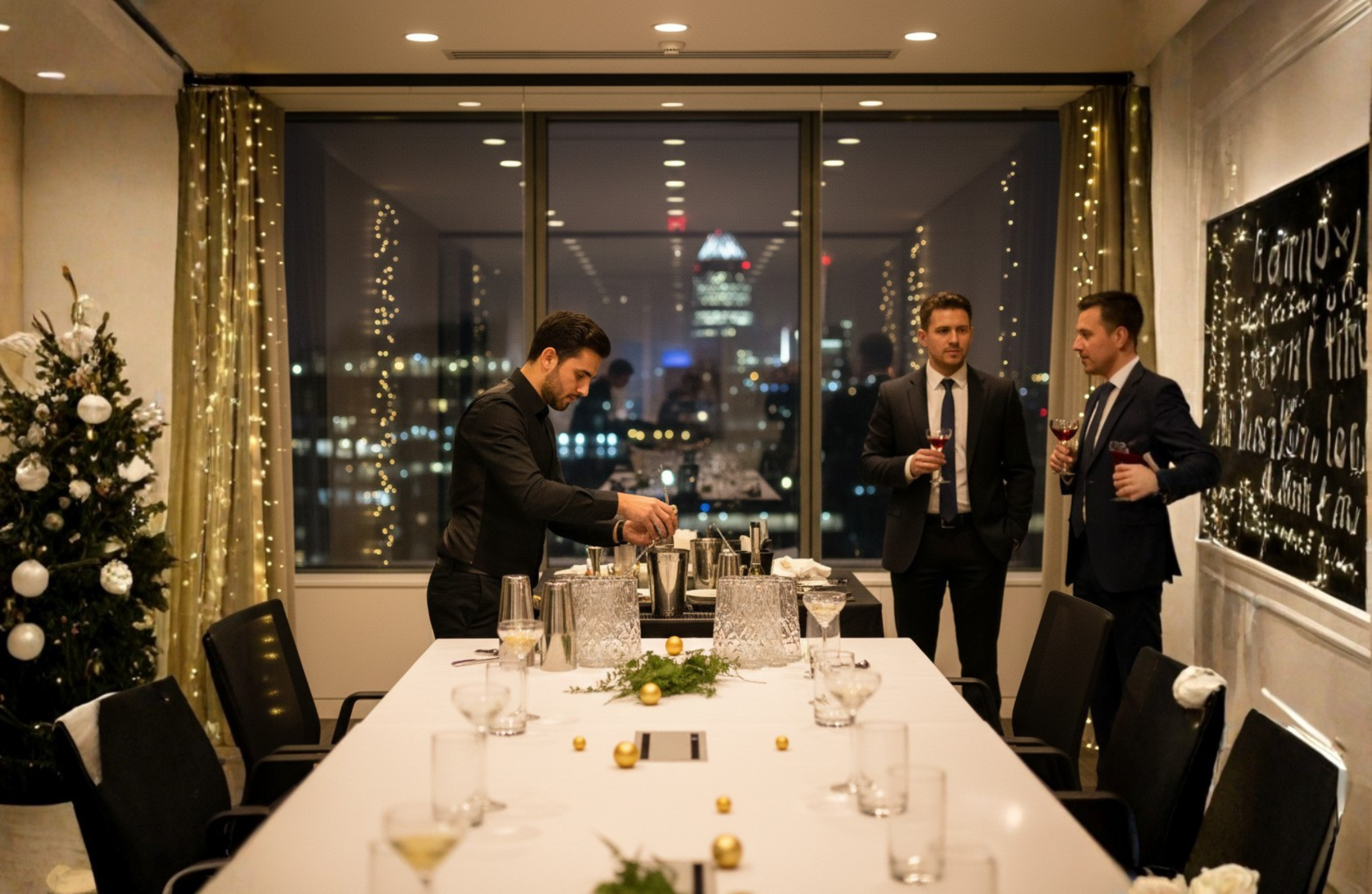 Luxury corporate cocktail bar setup in a London office during Christmas party