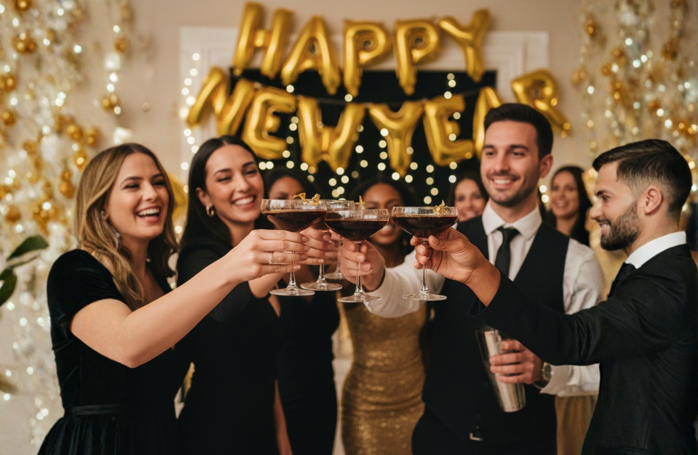 Luxury midnight cocktail toast prepared by private bartender at New Year’s Eve house party