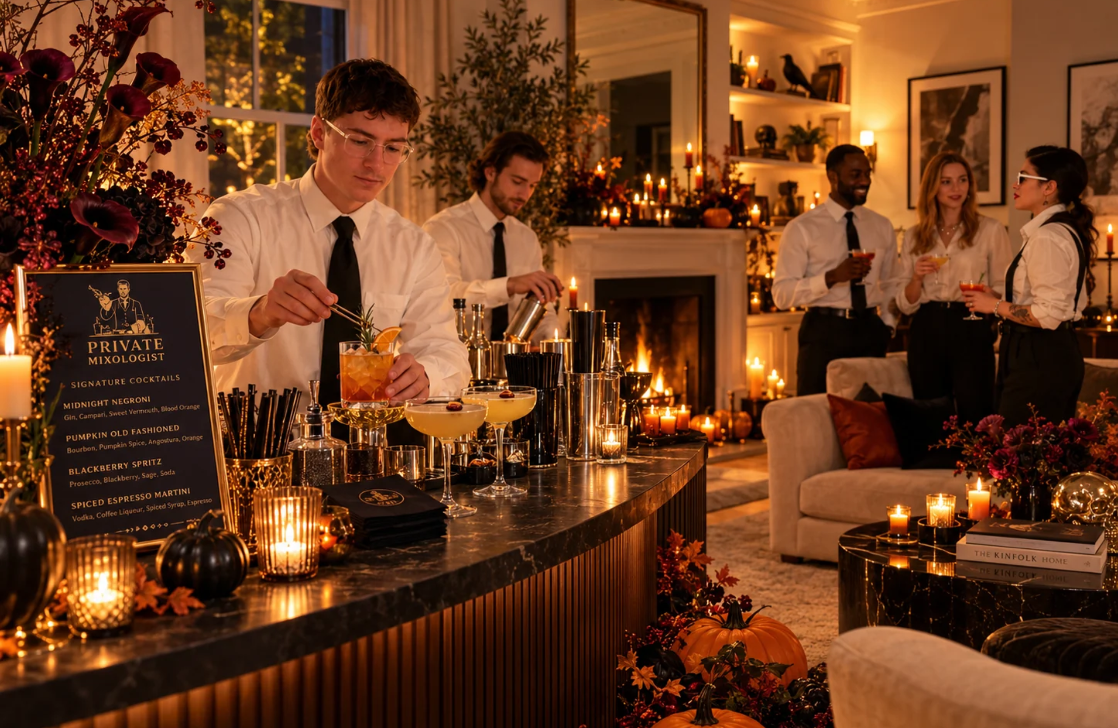 Luxury Halloween house party in London with professional cocktail bar hire, elegant seasonal decorations and guests enjoying a stress-free celebration.