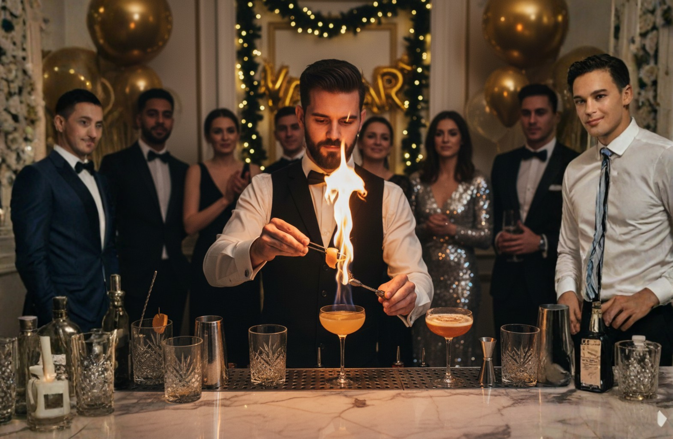 Private mixologist performing show-style cocktail technique at NYE house party.
