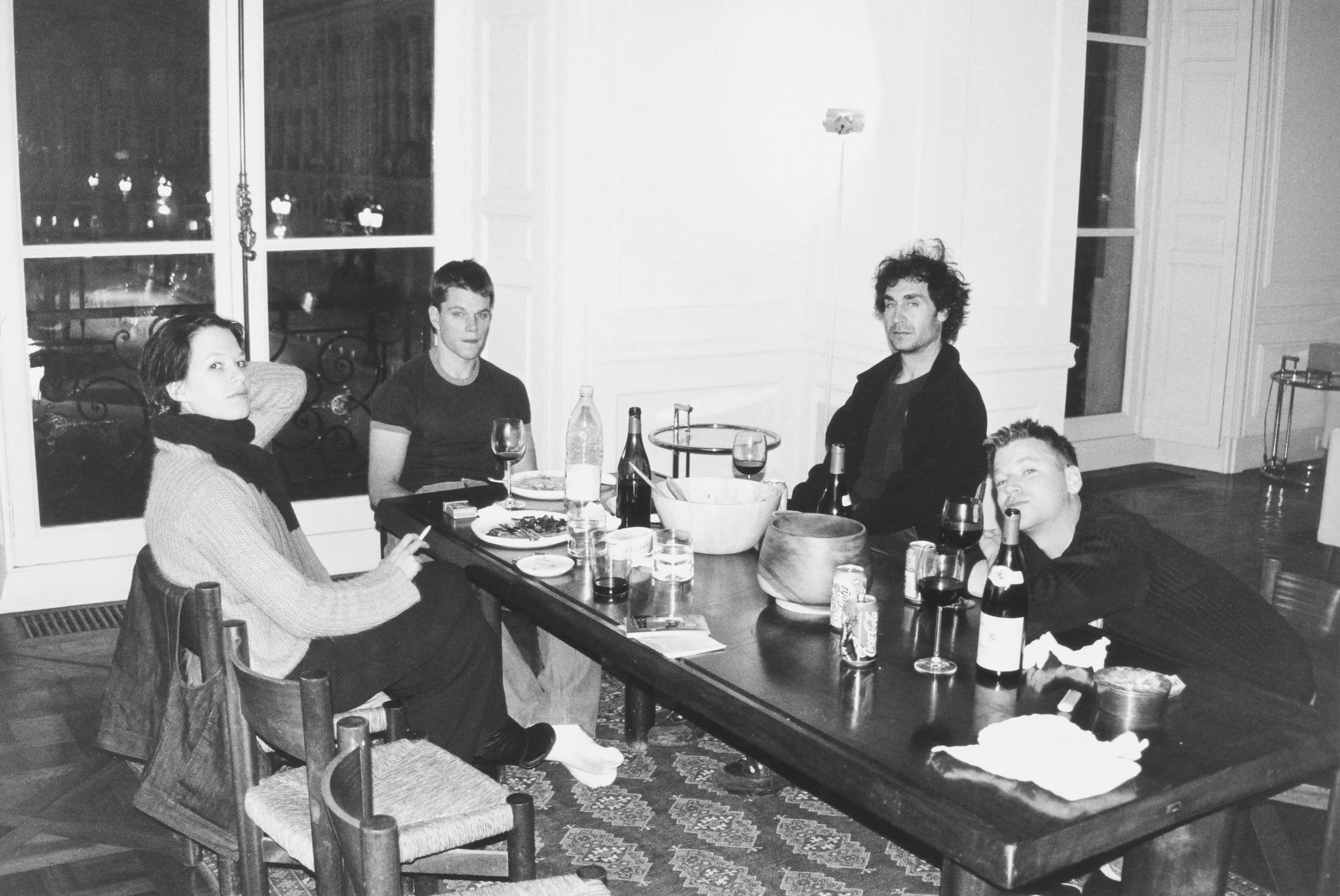 L to R, Franke Potente, Matt Damon, Doug Liman, and friend, Paris, France