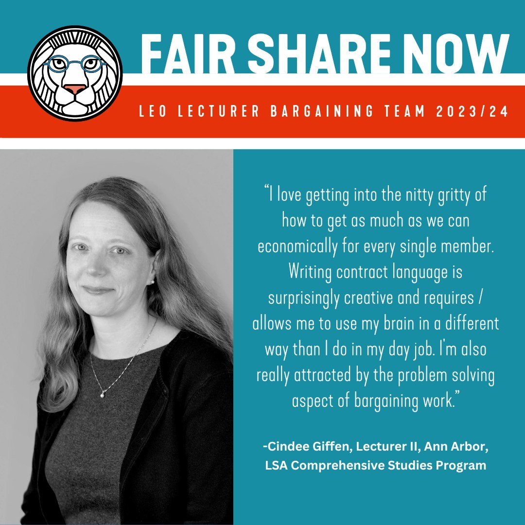 We continue LEO Bargaining Team introductions with Cindee Giffen from Ann Arbor! Each week, we'll share members of the B-Team and why they joined. #FairShareNow

Come to bargaining this Friday at Pierpont Commons on North Campus! Registration link in