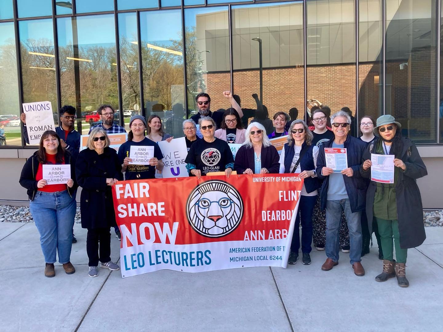 Lecturers at #UMDearborn celebrating the Tony England building renaming while also passing out literature showing how little money we get paid for teaching a majority of the undergraduate classes. Chancellor Grasso got a 22% this year while #UMich is