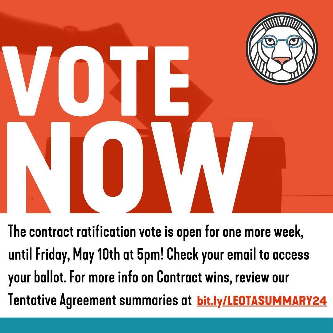 The contract ratification vote is open until Friday, May 10th at 5pm! We encourage members to vote YES.

Learn more about the contract using the link in bio!
If you did not receive your ballot, please contact brianna@leounion.org
