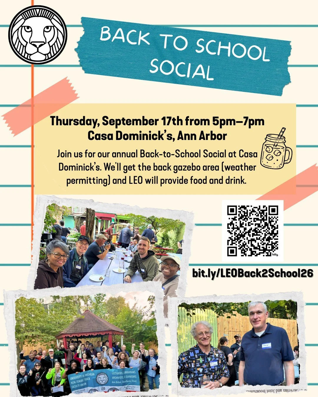 Reconnect with your fellow union members for our annual Back to School Happy Hour at Dominick's, September 17th from 5-7pm! (812 Monroe St in Ann Arbor, across the street from the Law Quad) As usual, LEO's Social Committee will cover food and drinks.