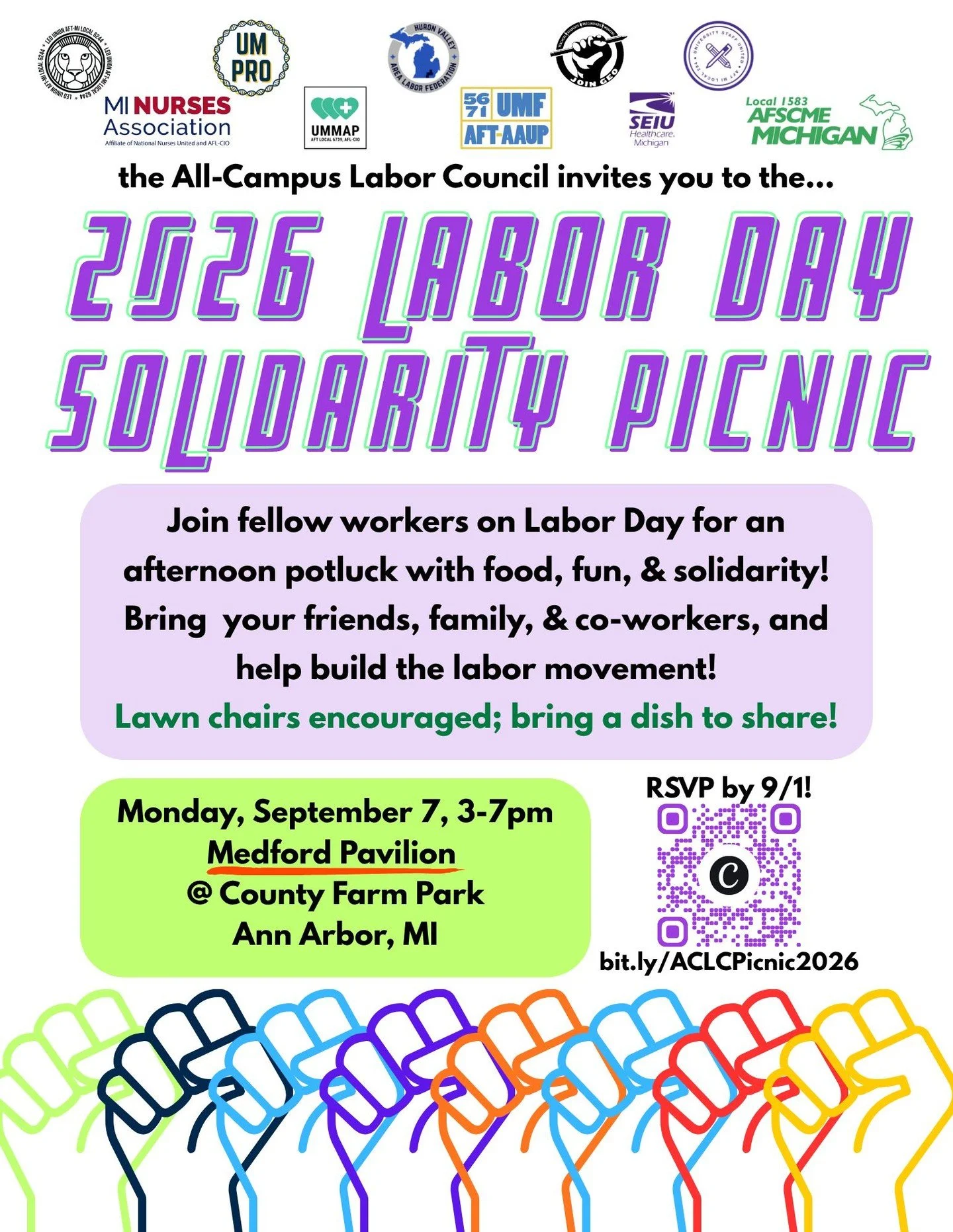 The All-Campus Labor Council at the University of Michigan invites all area labor members and allies to a cookout celebrating workers at the Medford Lot Pavilion at County Farm Park from 3pm to 8pm on Labor Day, September 7th, 2026.

There will be fo