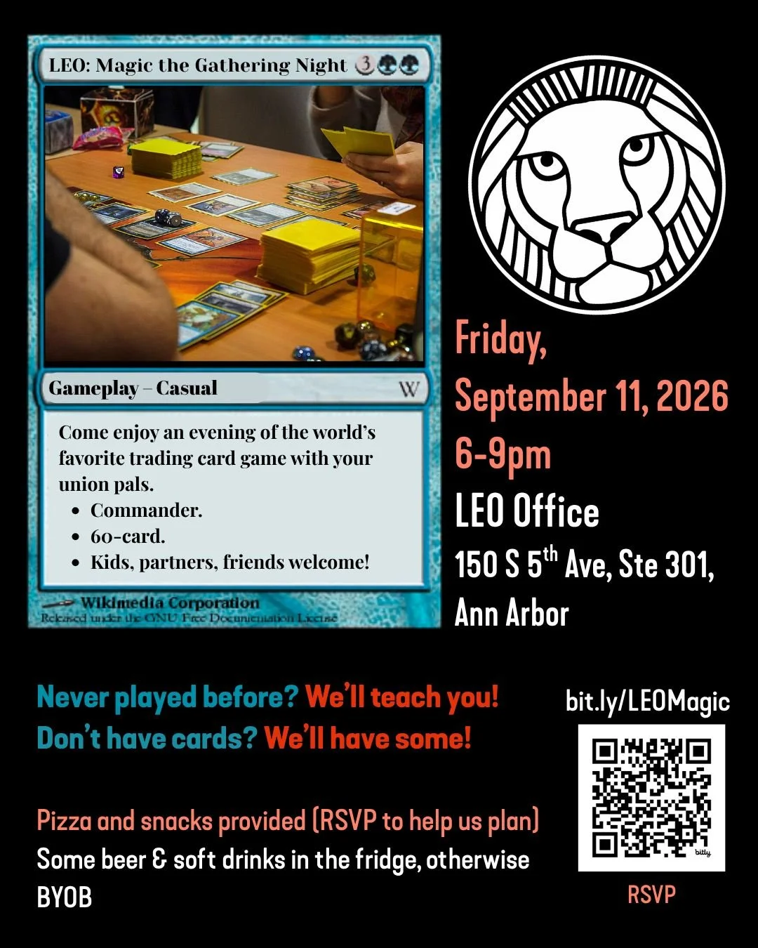Come enjoy a casual evening of the world's favorite trading card game with your union pals!

Commander and 60-card formats supported.
Kids, partners, friends welcome! Never played before? We'll teach you! Don't have cards? We'll have some!

Pizza and
