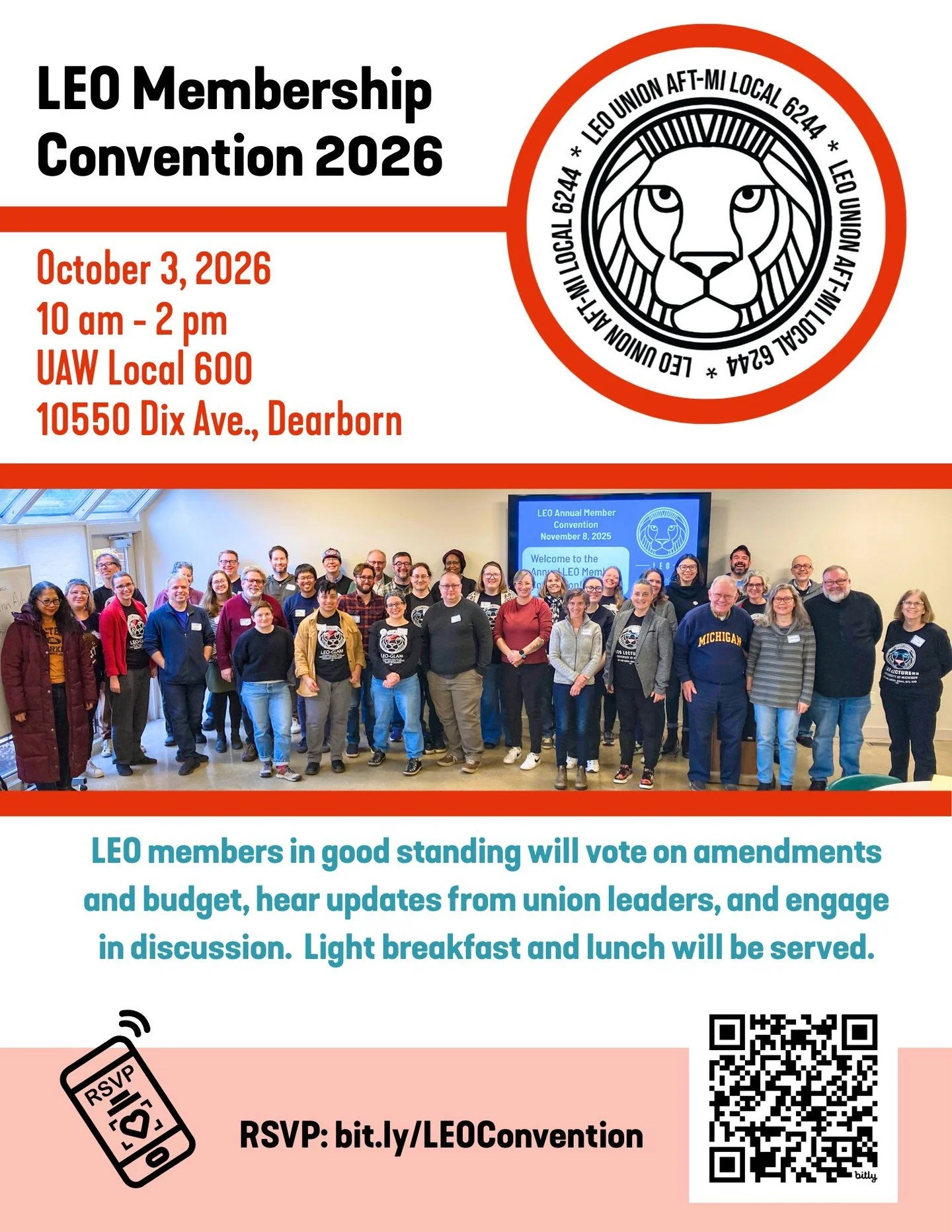 LEO's Annual Membership Convention is on Sat, October 3rd, 10:00am - 2:00pm. 

Lecturers, Librarians, Archivists, and Curators from all 3 campuses will come together to vote on the annual budget and any constitutional amendments. 

This year the meet