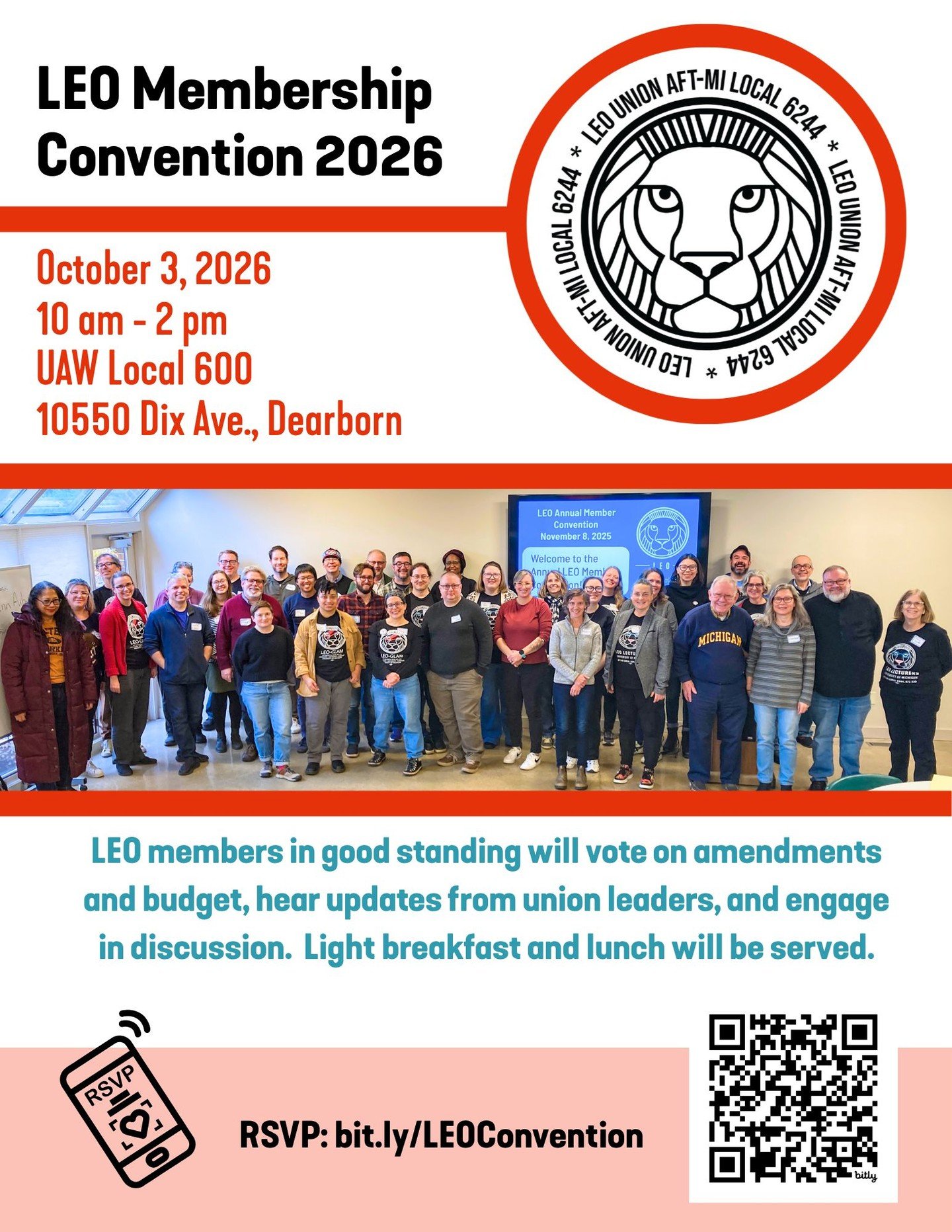 LEO's Annual Membership Convention is on Sat, October 3rd, 10:00am - 2:00pm. 

Lecturers, Librarians, Archivists, and Curators from all 3 campuses will come together to vote on the annual budget and any constitutional amendments. 

This year the meet